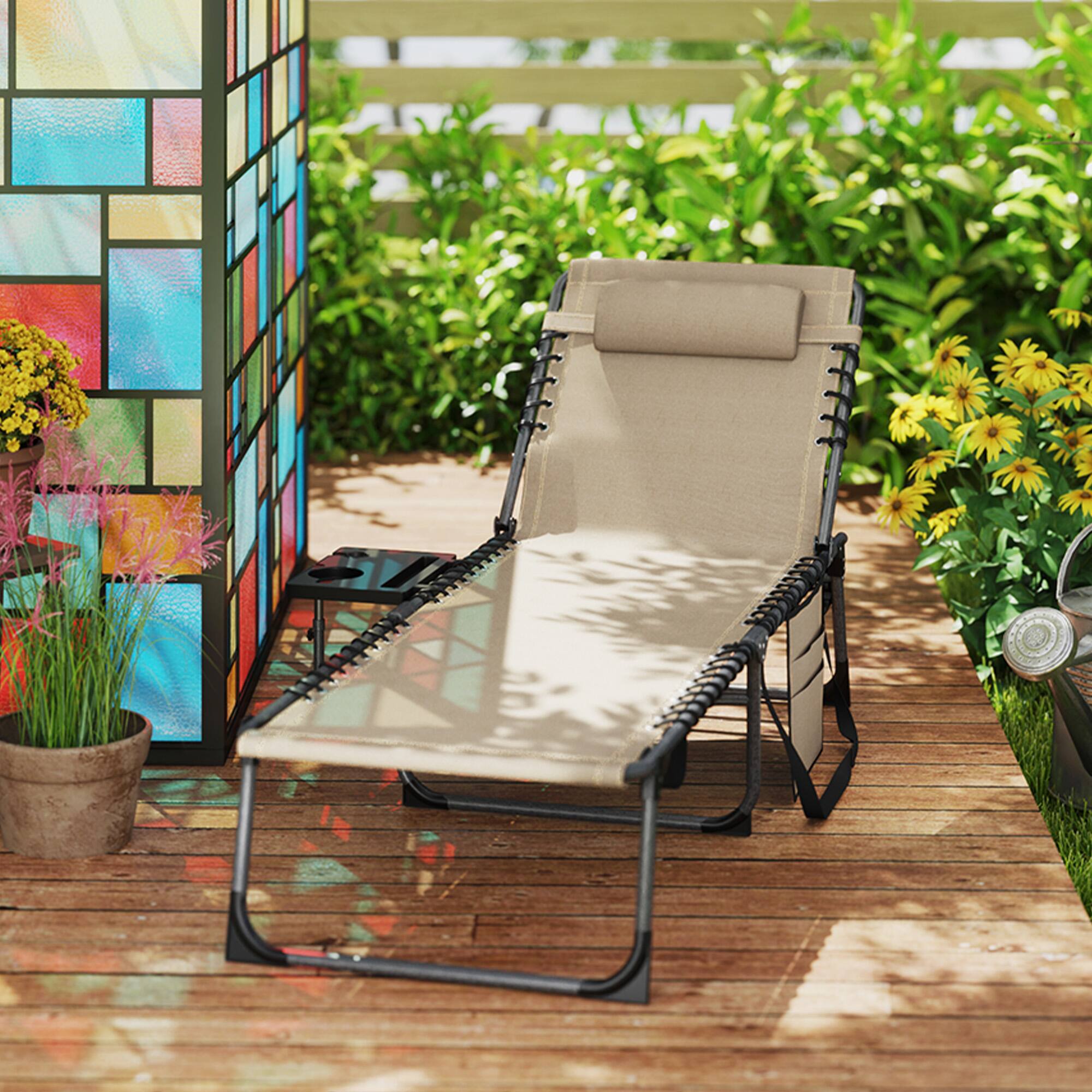 Alt View 8. Outsunny - Outdoor Chaise Lounge Chair Tanning Chair with 5-Level Adjustable Back, Side Table, Pillow - Beige.
