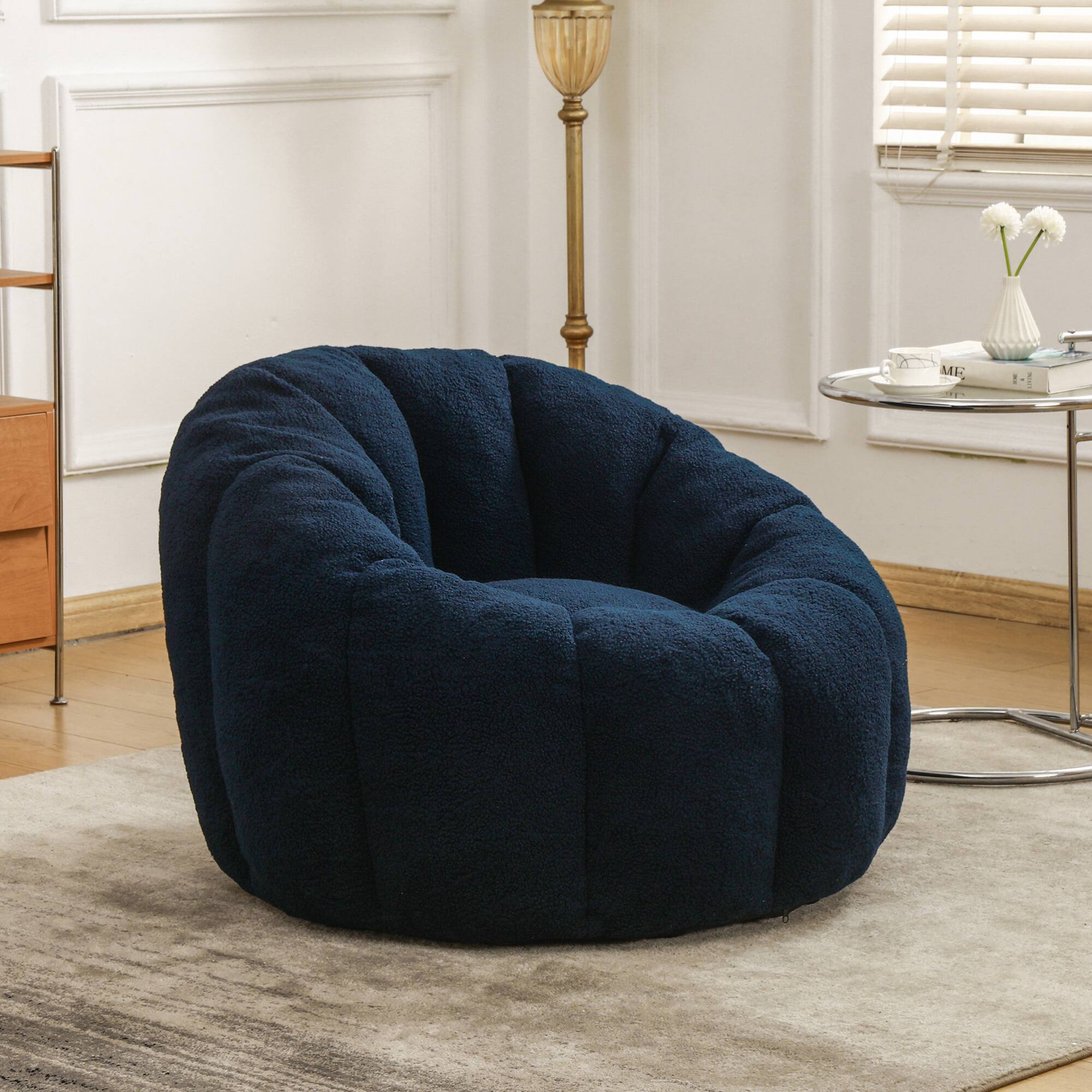Angle. GOODSILO - Plush Faux Fur Bean Bag Chair with Armrests and Ergonomic Backrest for Ultimate Relaxation in Living Spaces - Dark Blue.