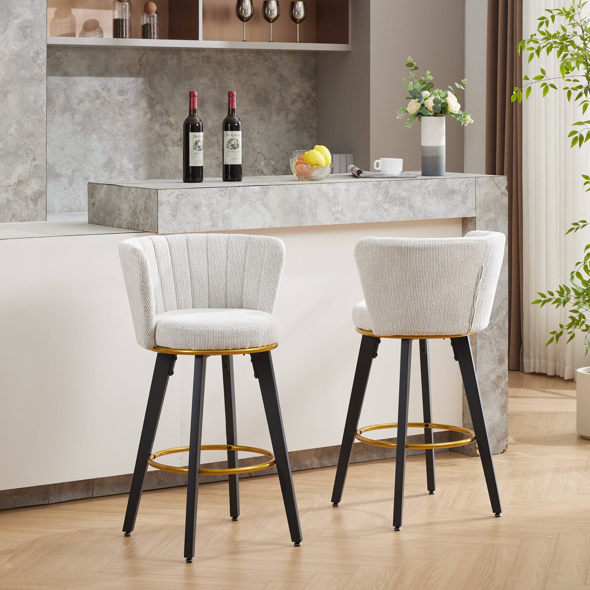 Angle. GOODSILO - Modern Swivel Counter Height Bar Stools Set of 2 with Upholstered Backs and Metal Legs - Beige.