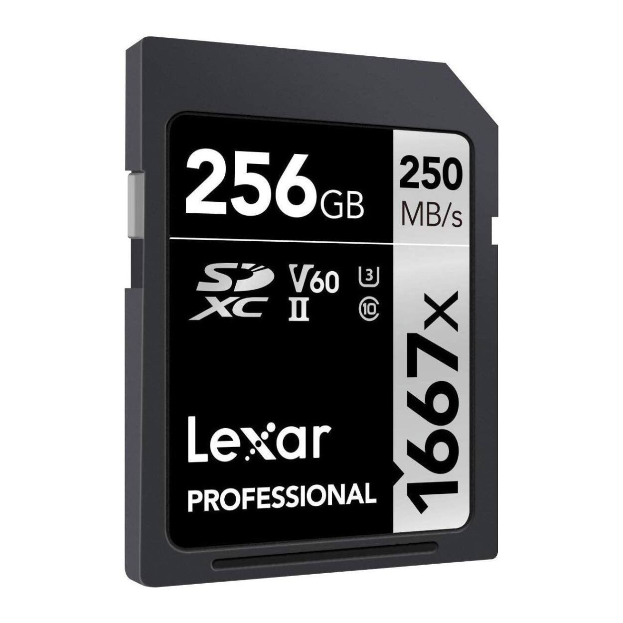 256 GB  
250 MB/s  
V60  
XC II  
1667x  
Lexar Professional