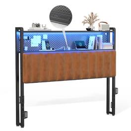 Winado - Full Size Adjustable Upholstered Headboard Only with 2 Tier Shelves and Pegboard with Charging Stations and LED Lights - Pu & Industrial Brown
