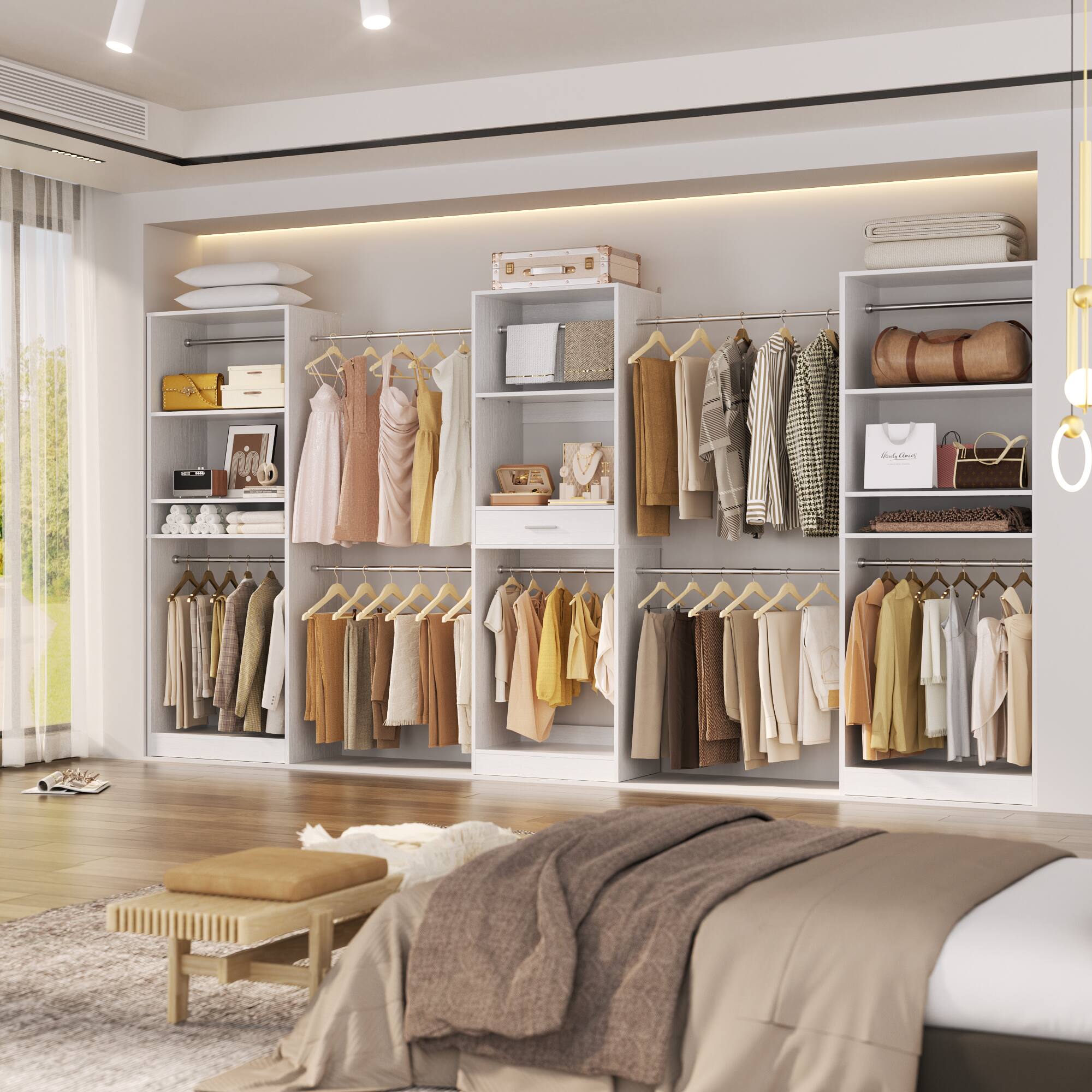 Alt View 2. Aheaplus - 70.5'' - 146'' Wide Adjustable Closet Organizer System with 10 Hanging Rods, Drawer and Adjustable Shelves - White.