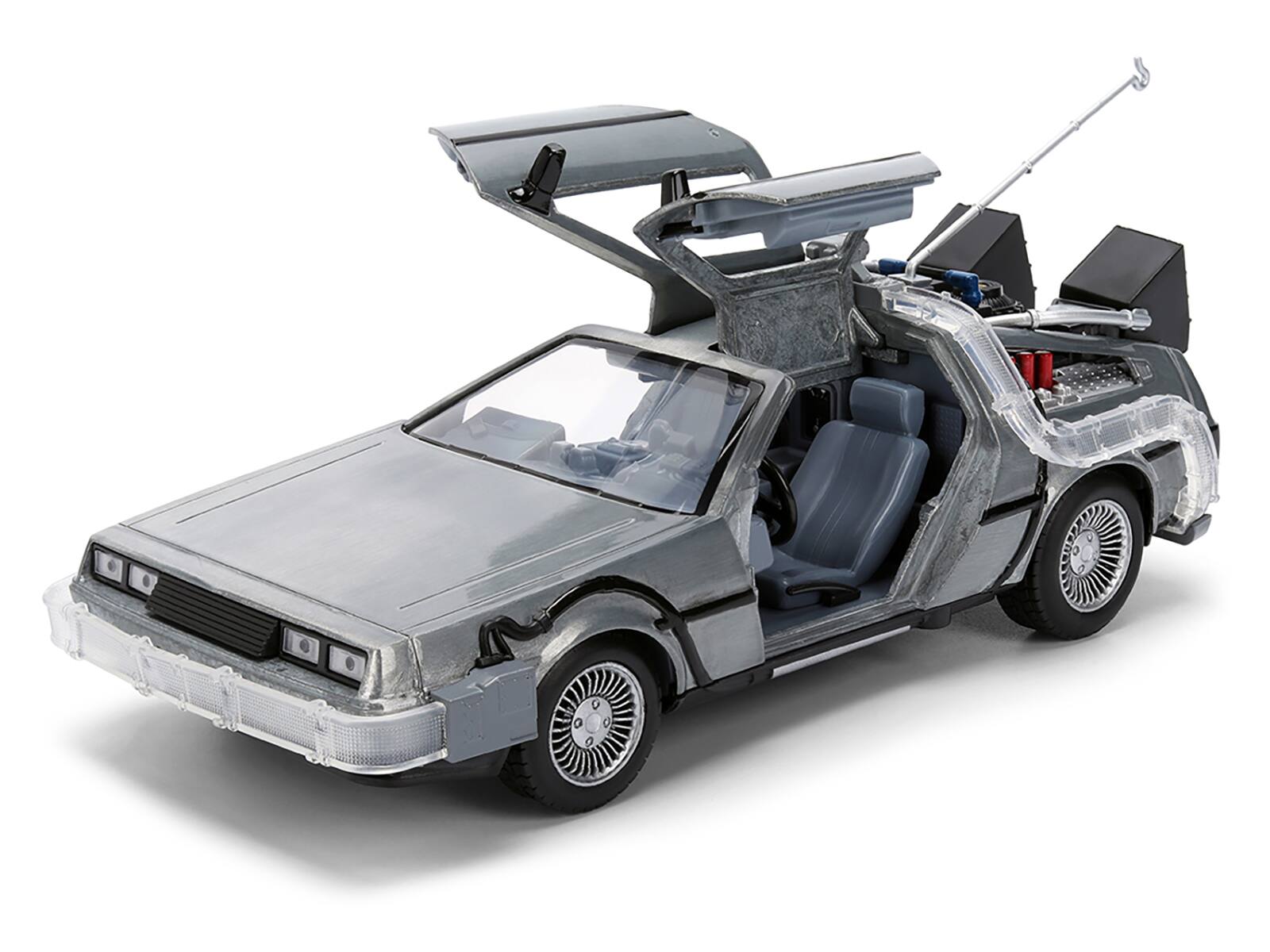 Angle. Jada - DeLorean Brushed Metal Time Machine with Lights 1/24 "Back to the Future" 1985 40th Anniversary Hollywood Rides - Grey.