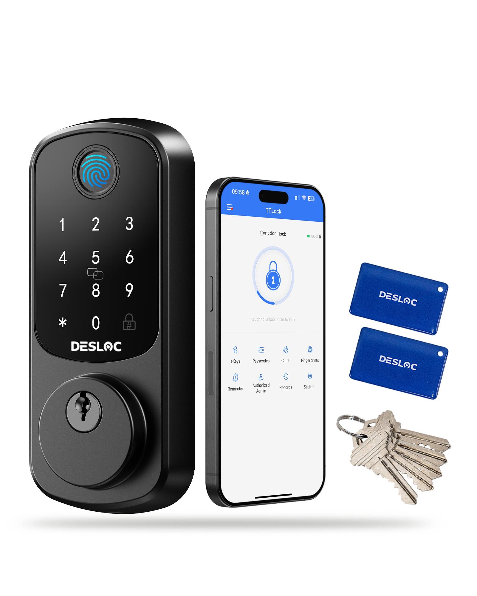 09:58 1 2 3 TTLock front door lock 100% 4 5 6 7 8 9 * O # DESLOC 1 touch 1 unlock hold e bek 3B ekays Passcodes Cards Fingerprints a j 0 0 Authorized Records Settings Reminder Admin DESLOC DESLOC