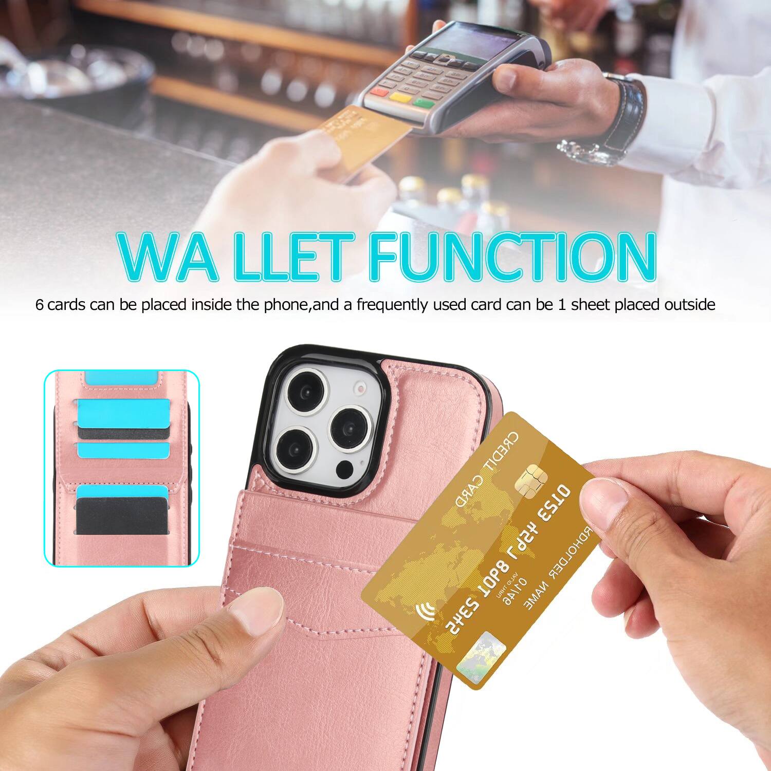 WA LLET FUNCTION  
6 cards can be placed inside the phone, and a frequently used card can be 1 sheet placed outside  
CREDIT CARD HOLDER  
UAHT ANTID NAME 2345