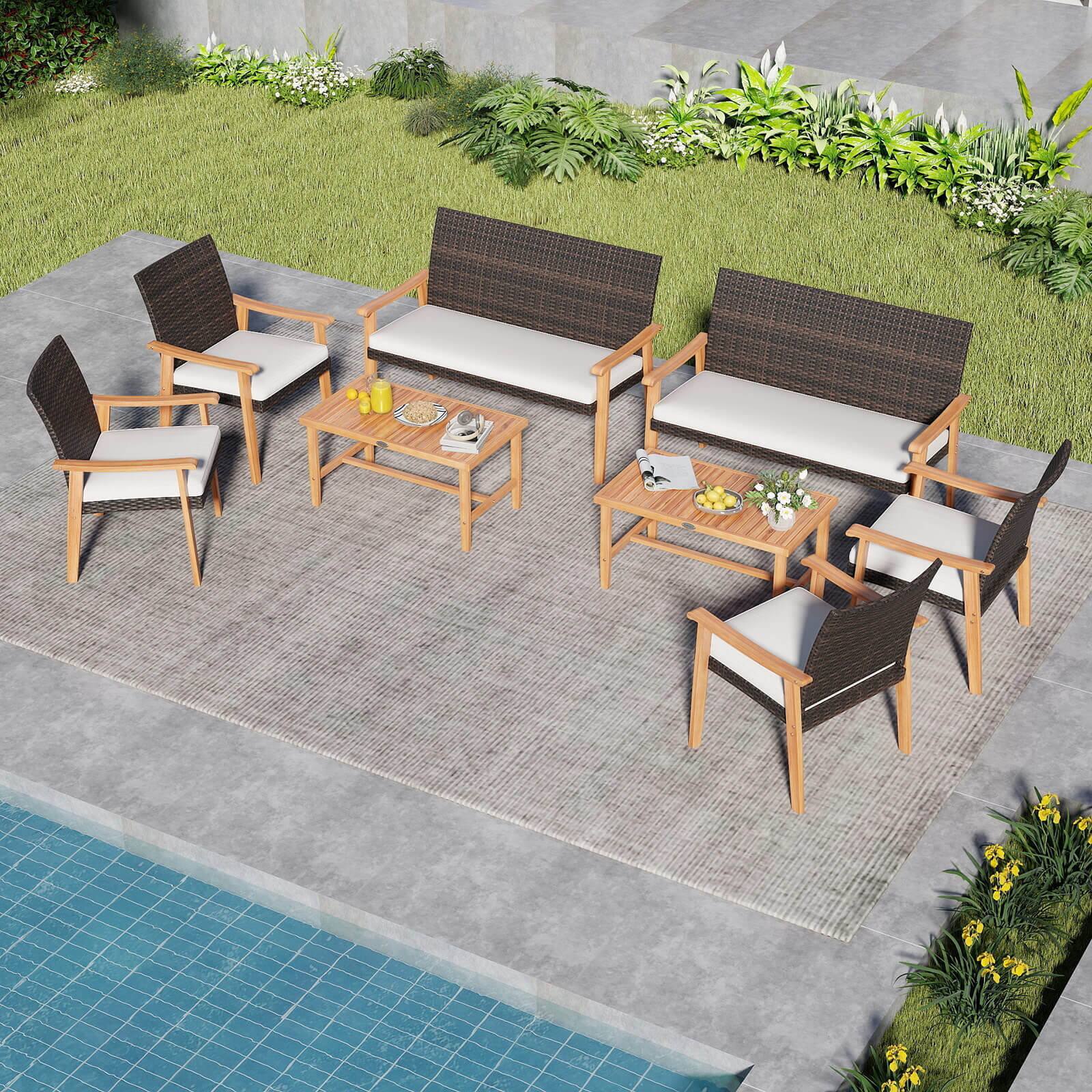Alt View 5. Costway - Costway 4 PCS Patio Furniture Set with Acacia Wood Coffee Table & Soft Cushions for Garden - Mix Brown.