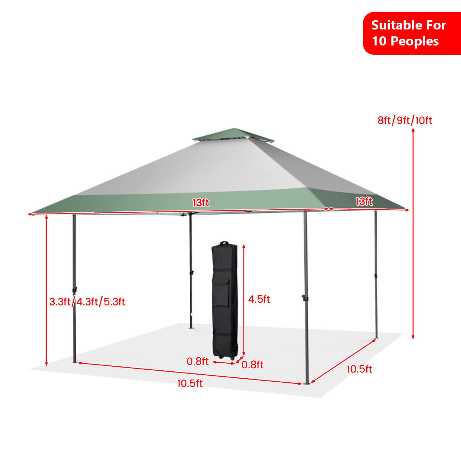 Suitable For 10 Peoples  
8ft/9ft/10ft  
13ft  
13ft  
3.3ft/4.3ft/5.3ft  
4.5ft  
0.8ft  
10.5ft  
0.8ft  
10.5ft