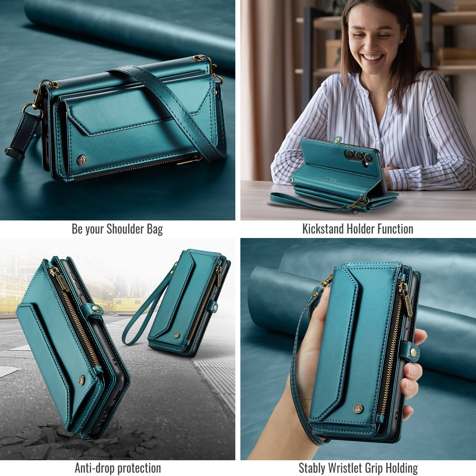 Be your Shoulder Bag  
Kickstand Holder Function  
Anti-drop protection  
Stably Wristlet Grip Holding