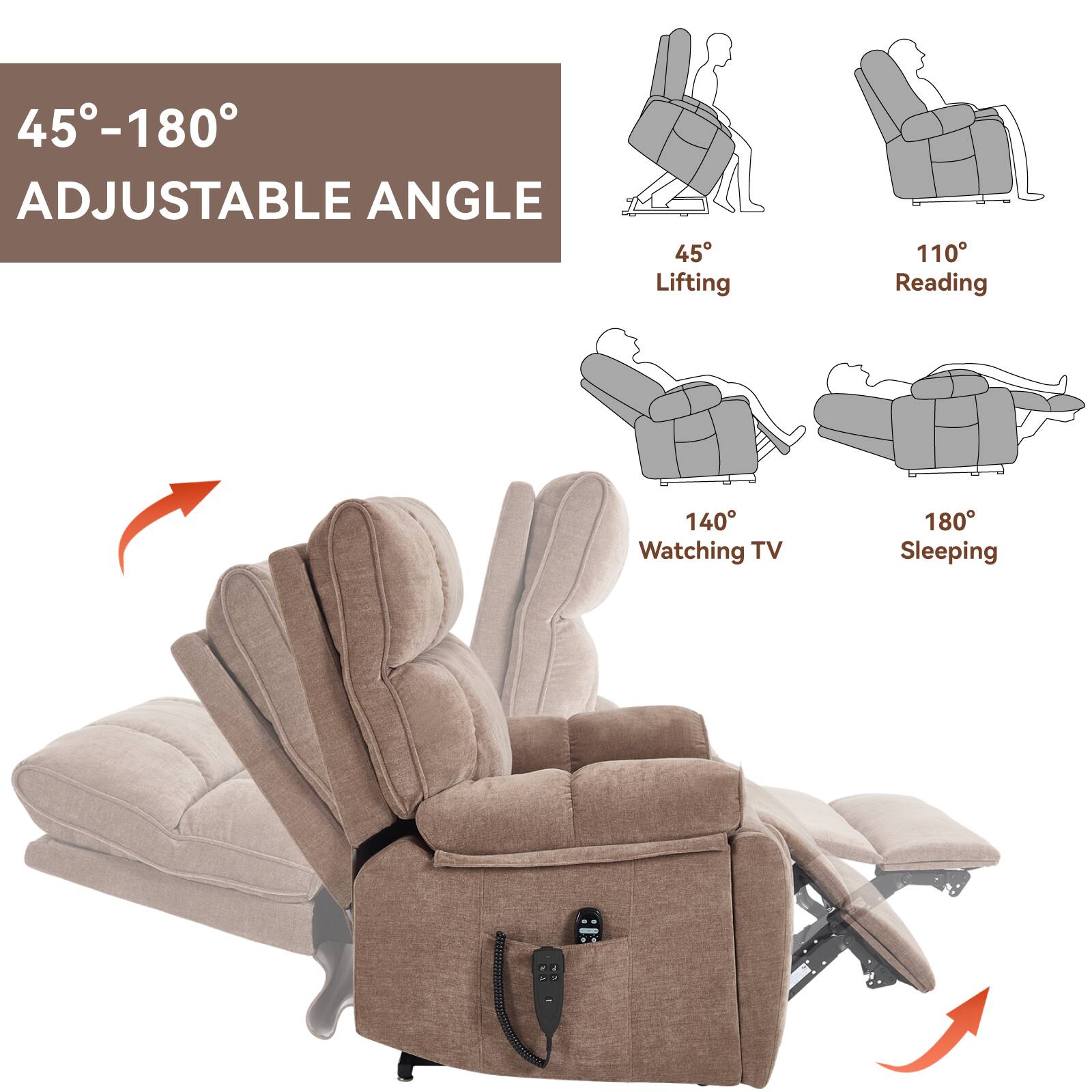 45°-180° Adjustable Angle

45° Lifting  
110° Reading  
140° Watching TV  
180° Sleeping