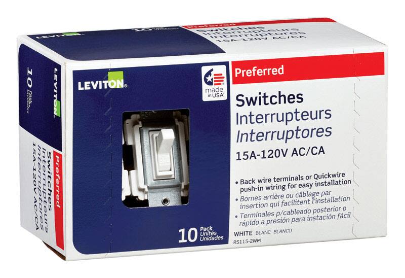 LEVITON  
10 Switches  
Preferred  
15A-120V AC/CA  
Made in USA  

Switches  
Interrupteurs  
Interruptores  

15A-120V AC/CA  

Back wire terminals or Quickwire push-in wiring for easy installation  
Bornes arrière ou câblage par insertion qui facilitent l'installation  
Terminales p/cableado posterior o inserción rápida para instalación fácil  

Pack BLANCO  
WHITE  
BLANC  

10 Unidades  
RS115-2WM