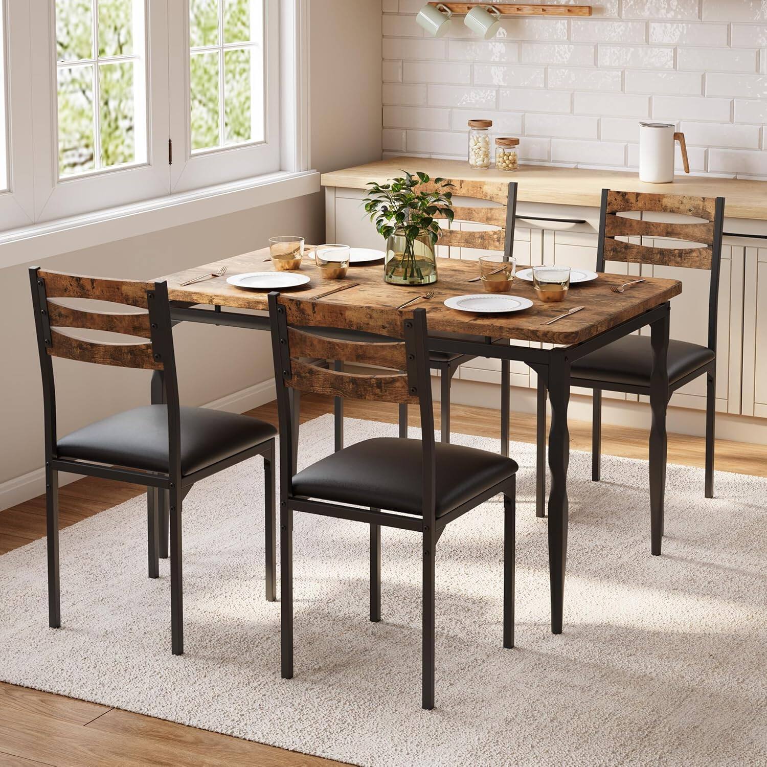 GARVEE 5 Piece Farmhouse Dining Set for 4 Kitchen & Apartment Brown ...