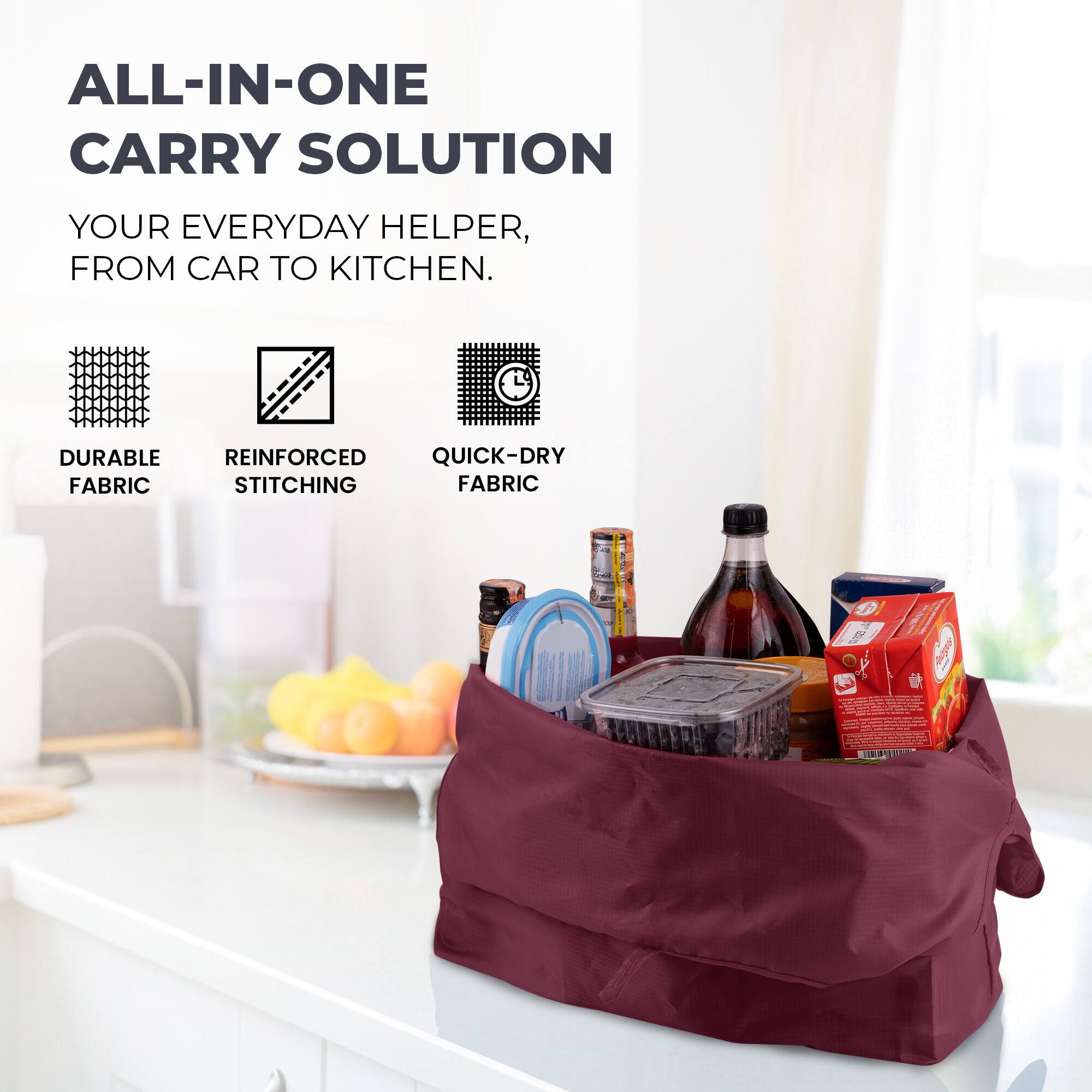ALL-IN-ONE CARRY SOLUTION  
YOUR EVERYDAY HELPER, FROM CAR TO KITCHEN.  
DURABLE REINFORCED QUICK-DRY FABRIC STITCHING FABRIC  

2  
C  
- www.