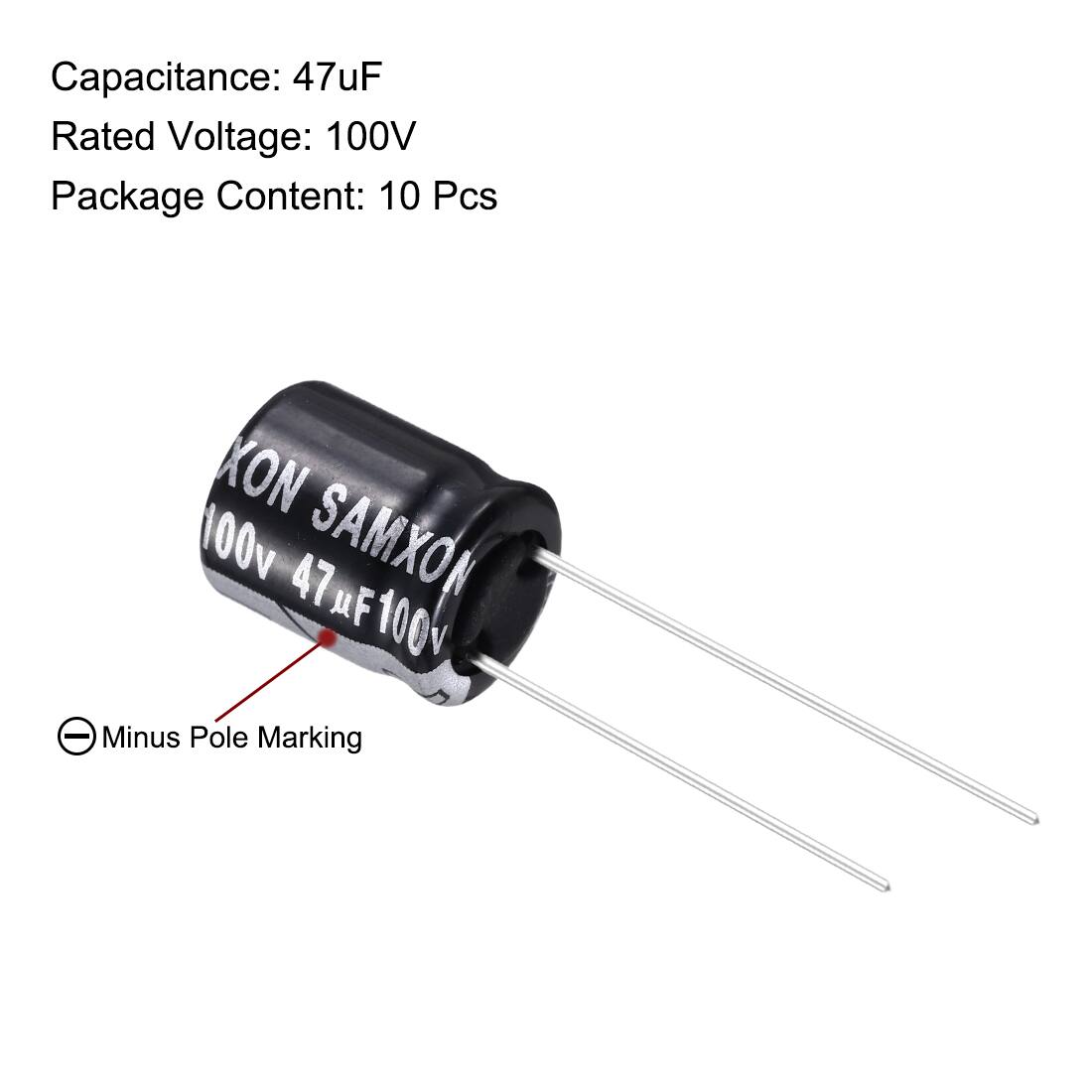 Capacitance: 47uF  
Rated Voltage: 100V  
Package Content: 10 Pcs  

KON SAMXON 100v 47uF100V  

Minus Pole Marking
