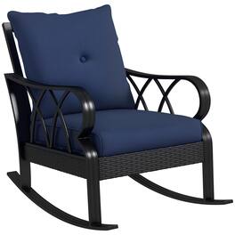 Outsunny - Outdoor Wicker Rocking Chair with Padded Cushions, Aluminum Furniture Rattan Porch Rocker Chair w/ Armrest - Navy Blue