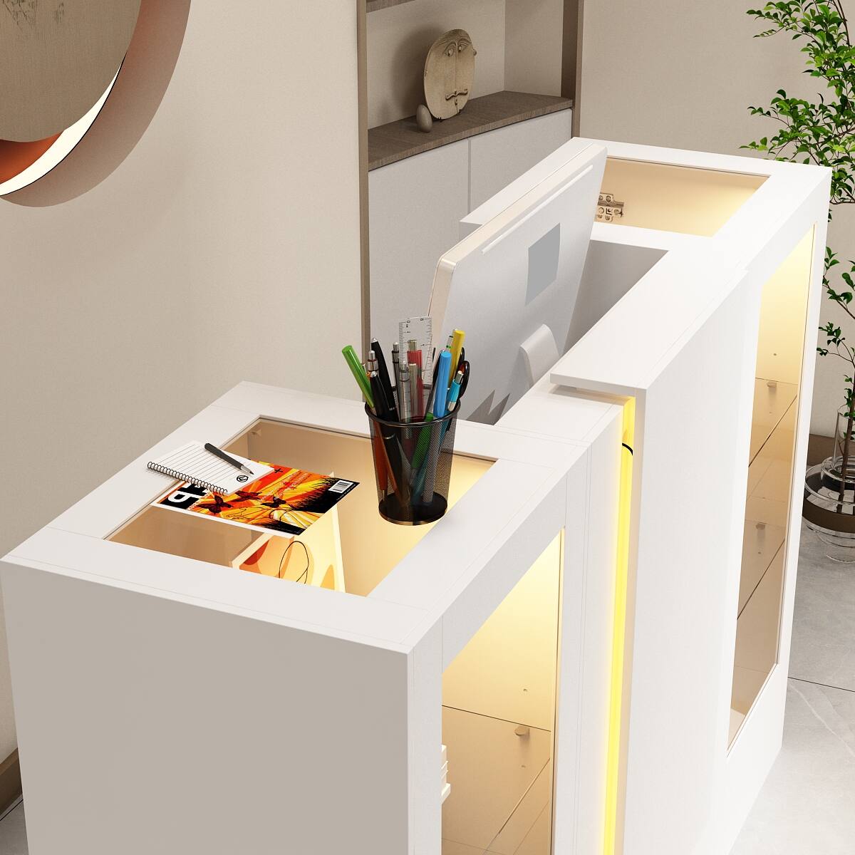 Alt View 7. Famapy - Famapy Modern Multifunctional Office Reception System: Customizable Lighting, Adjustable Storage & Integrated Desk - White.