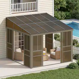 U-HOMY - Brown Wall-Mounted Solarium Sunroom Kit with Sliding Doors and Adjustable Polycarbonate Windows - 10'x10'