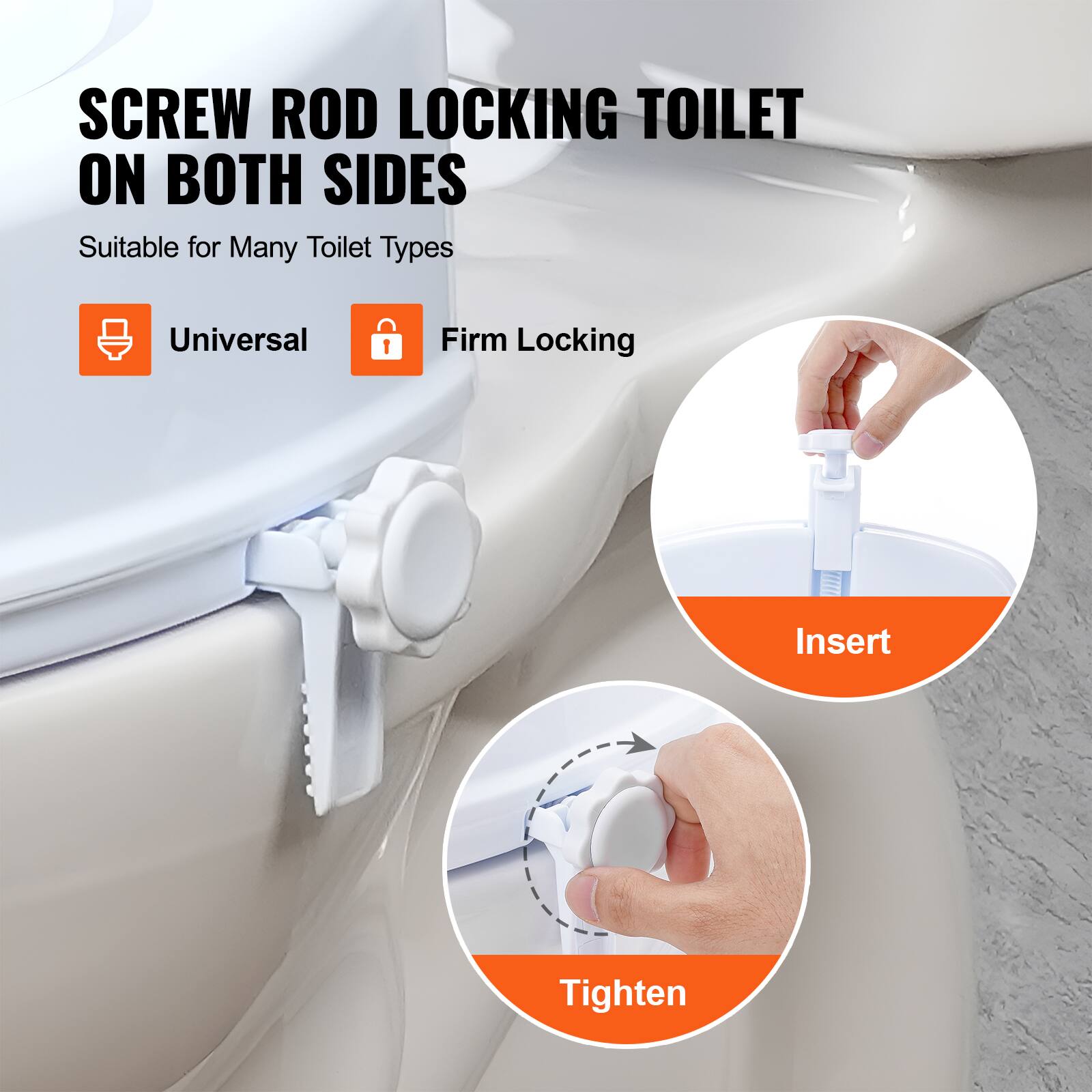 SCREW ROD LOCKING TOILET ON BOTH SIDES, Suitable for Many Toilet Types, Universal, Firm Locking, Insert, Tighten