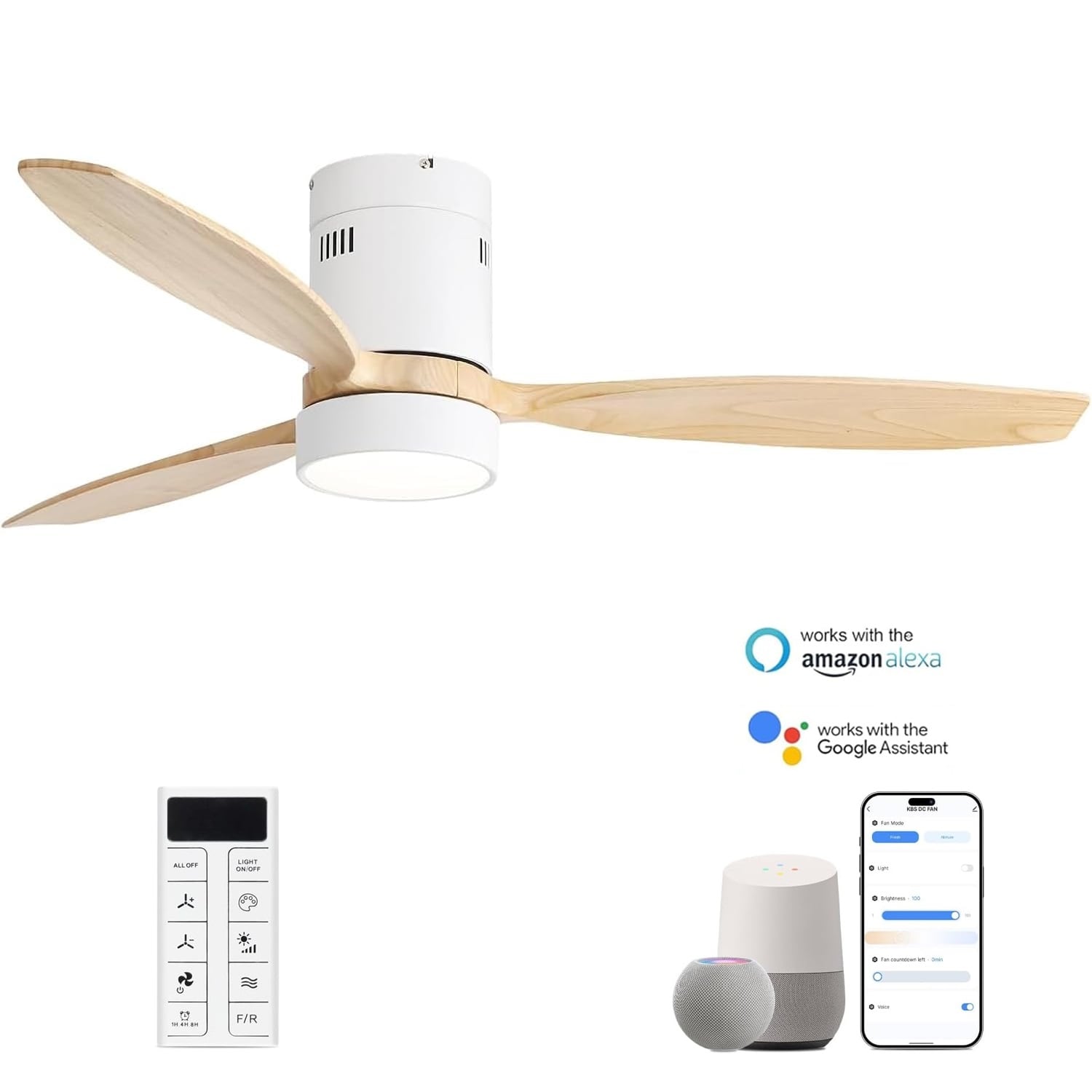 Sofucor - Smart 52” Wood Flush Mount Ceiling Fans w/ Remote Quiet DC Motor Ultra Low Profile Ceiling Fan works with Alexa WIFI APP - White Burly Wood