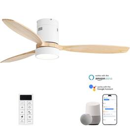 Sofucor - Smart 52” Wood Flush Mount Ceiling Fans w/ Remote Quiet DC Motor Ultra Low Profile Ceiling Fan works with Alexa WIFI APP - White Burly Wood