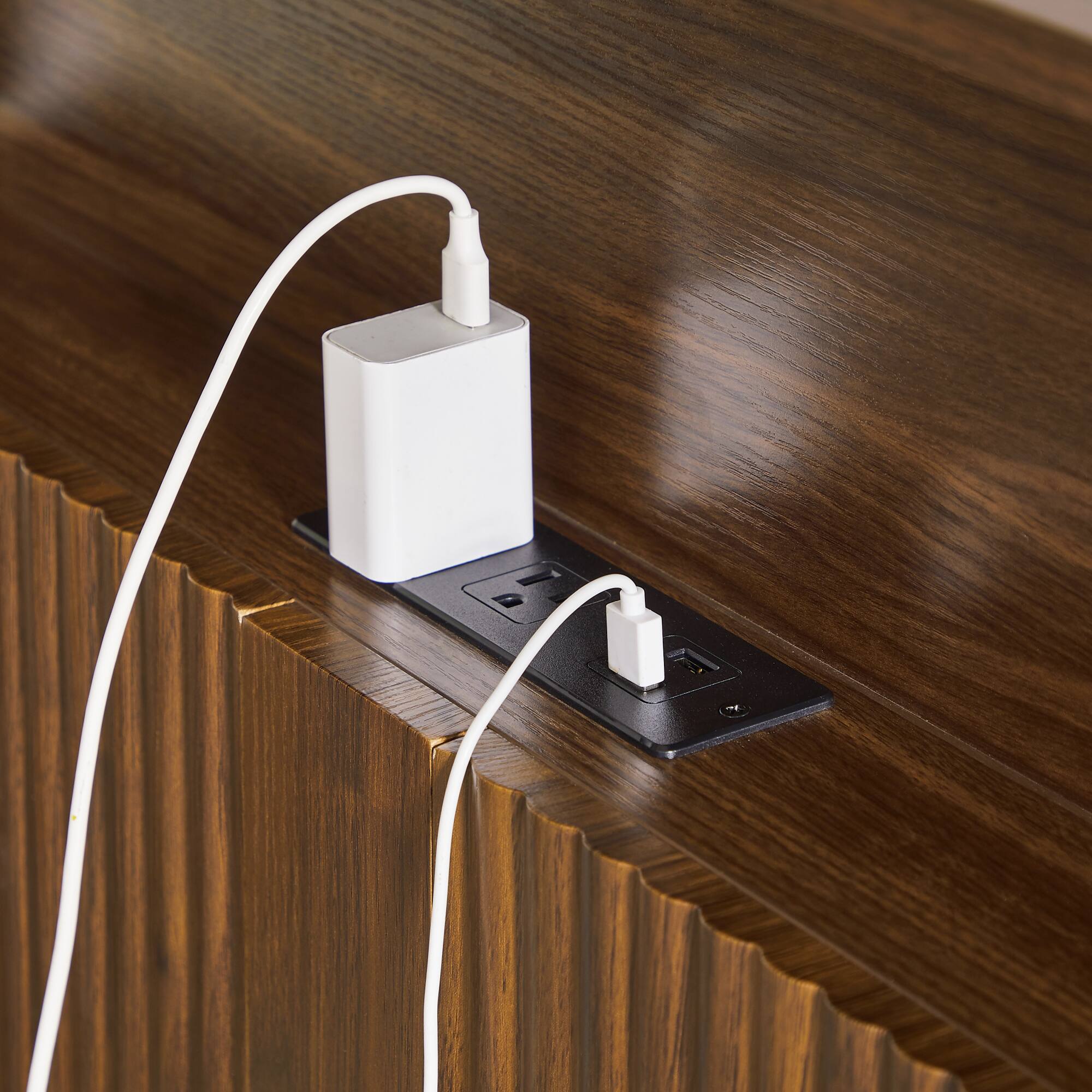 Alt View 8. GOODSILO - Queen Size Storage Bed Frame with Charging Station and Wavy Curved Headboard Design in Natural Finish - Walnut.