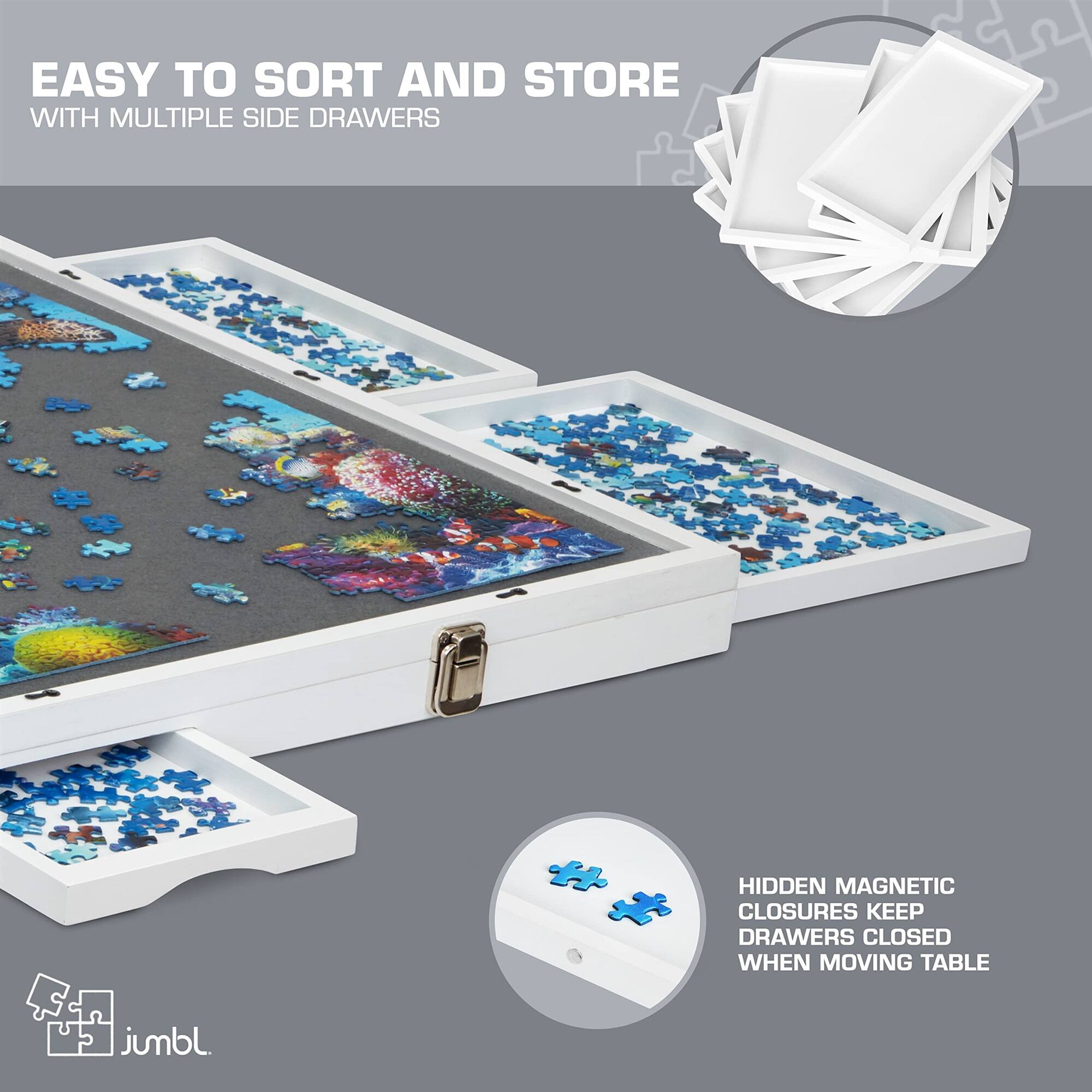 EASY TO SORT AND STORE WITH MULTIPLE SIDE DRAWERS
HIDDEN MAGNETIC CLOSURES KEEP DRAWERS CLOSED WHEN MOVING TABLE
jumbl