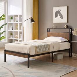 LUCKY ONE - Twin Size Metal Platform Bed Frame with Wooden Headboard and Footboard with USB LINER - Black+Brown