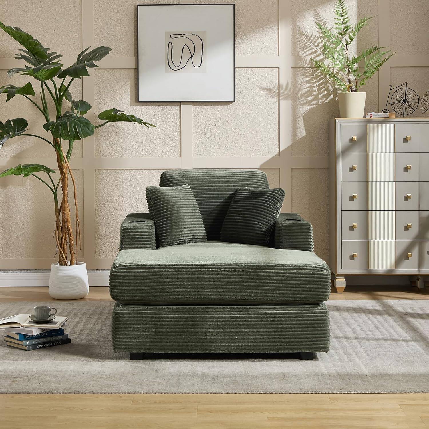 Alt View 2. Trinkets Crazed - Corduroy Chaise Lounge Chair Indoor, Comfy Fluffy Single Sleeper Sofa with Cup Holders and Pockets - green.
