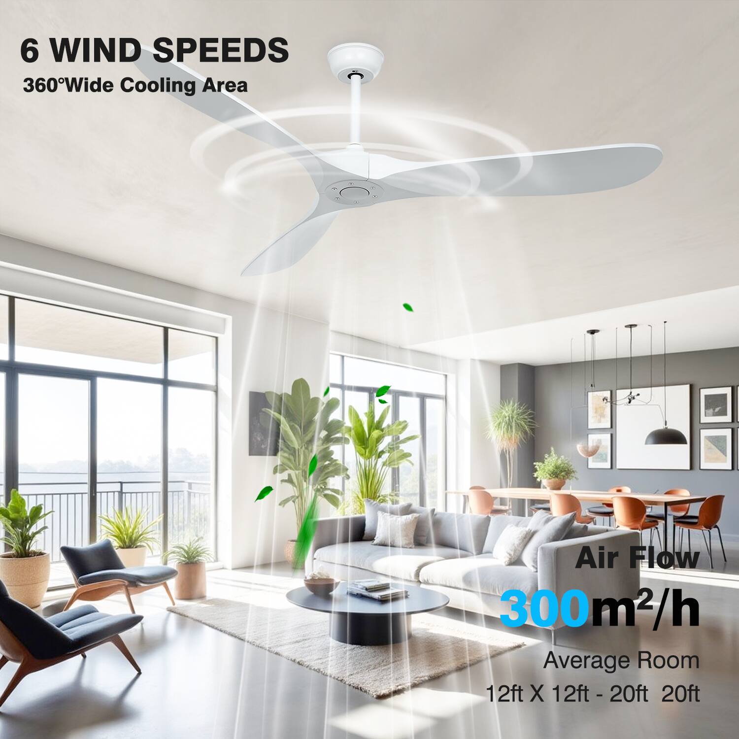 6 WIND SPEEDS  
360° Wide Cooling Area  

Air Flow  
300 m²/h  

Average Room  
12ft X 12ft - 20ft X 20ft