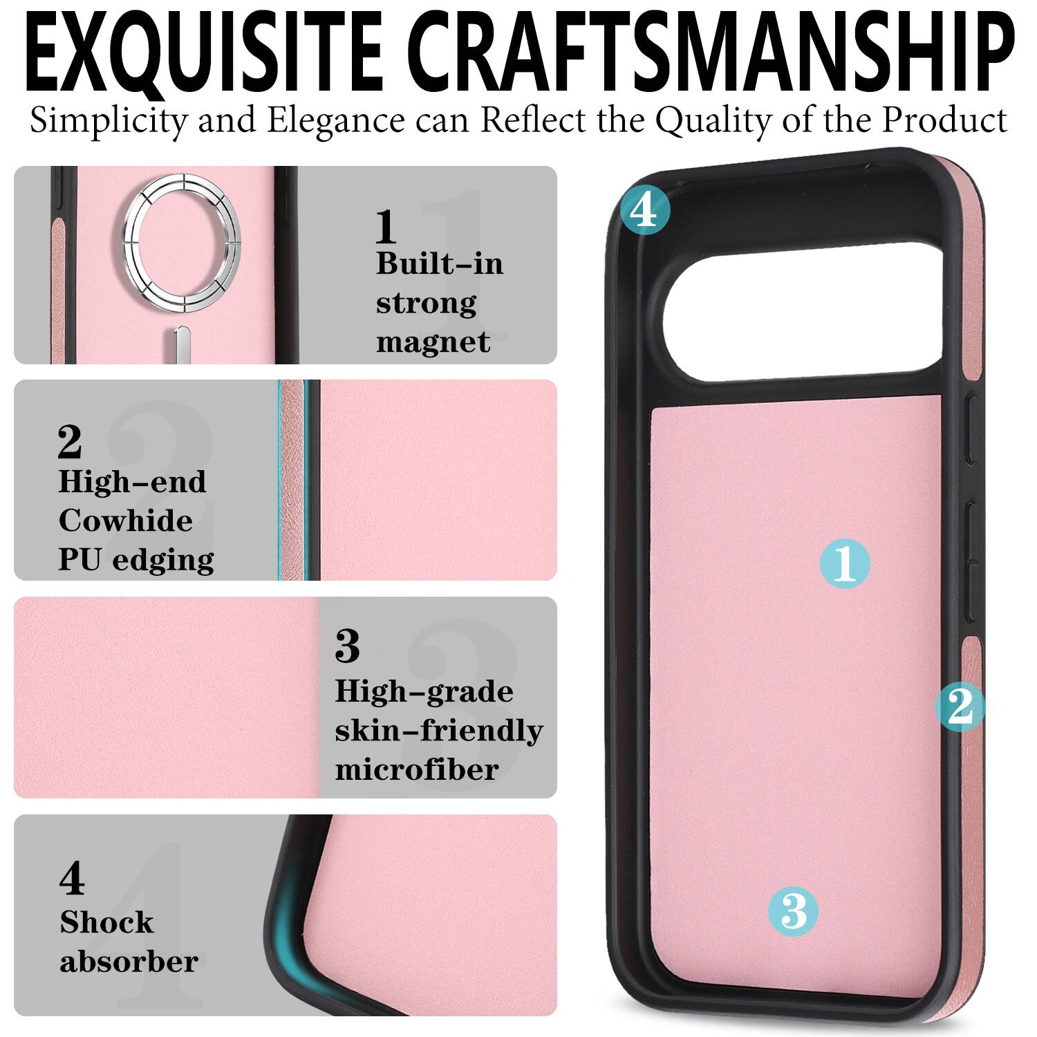 EXQUISITE CRAFTSMANSHIP  
Simplicity and Elegance can Reflect the Quality of the Product

1. Built-in strong magnet  
2. High-end Cowhide PU edging  
3. High-grade skin-friendly microfiber  
4. Shock absorber