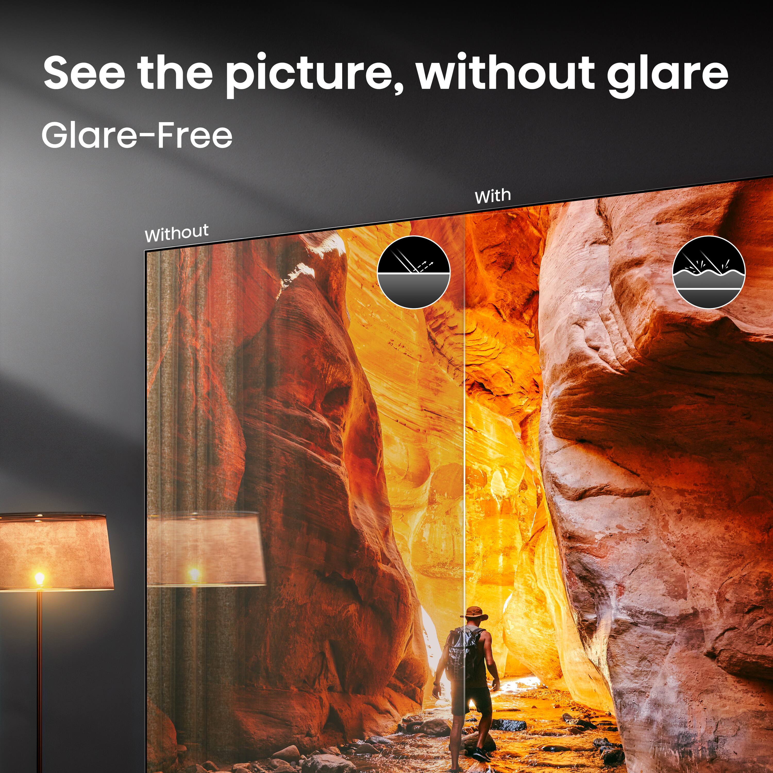 See the picture, without glare  
Glare-Free  

Without  
With