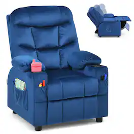 Gymax - Kids Youth Recliner Chair Velvet Fabric w/Cup Holder & Side Pocket Blue - Blue