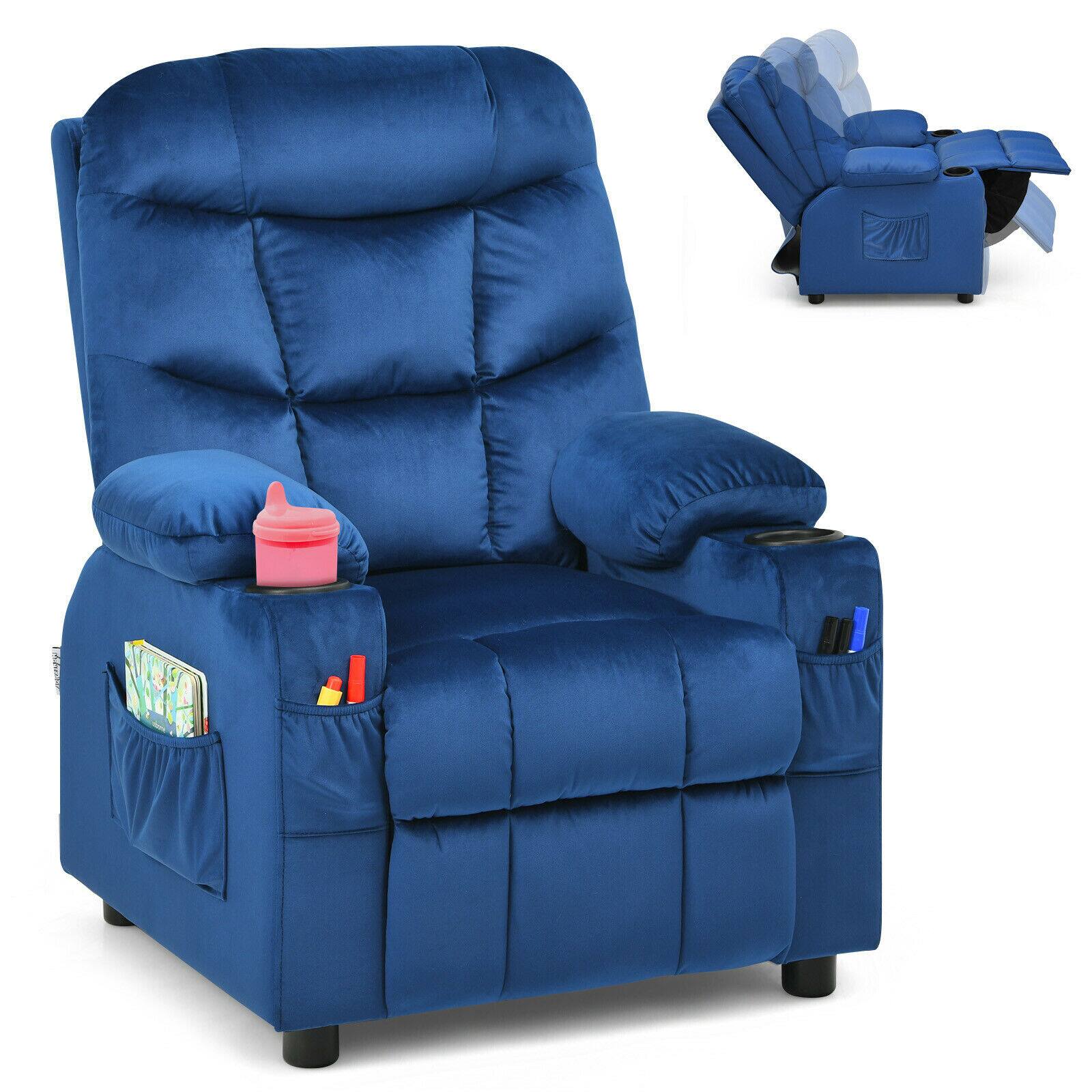 Gymax - Kids Youth Recliner Chair Velvet Fabric w/Cup Holder & Side Pocket Blue - Blue