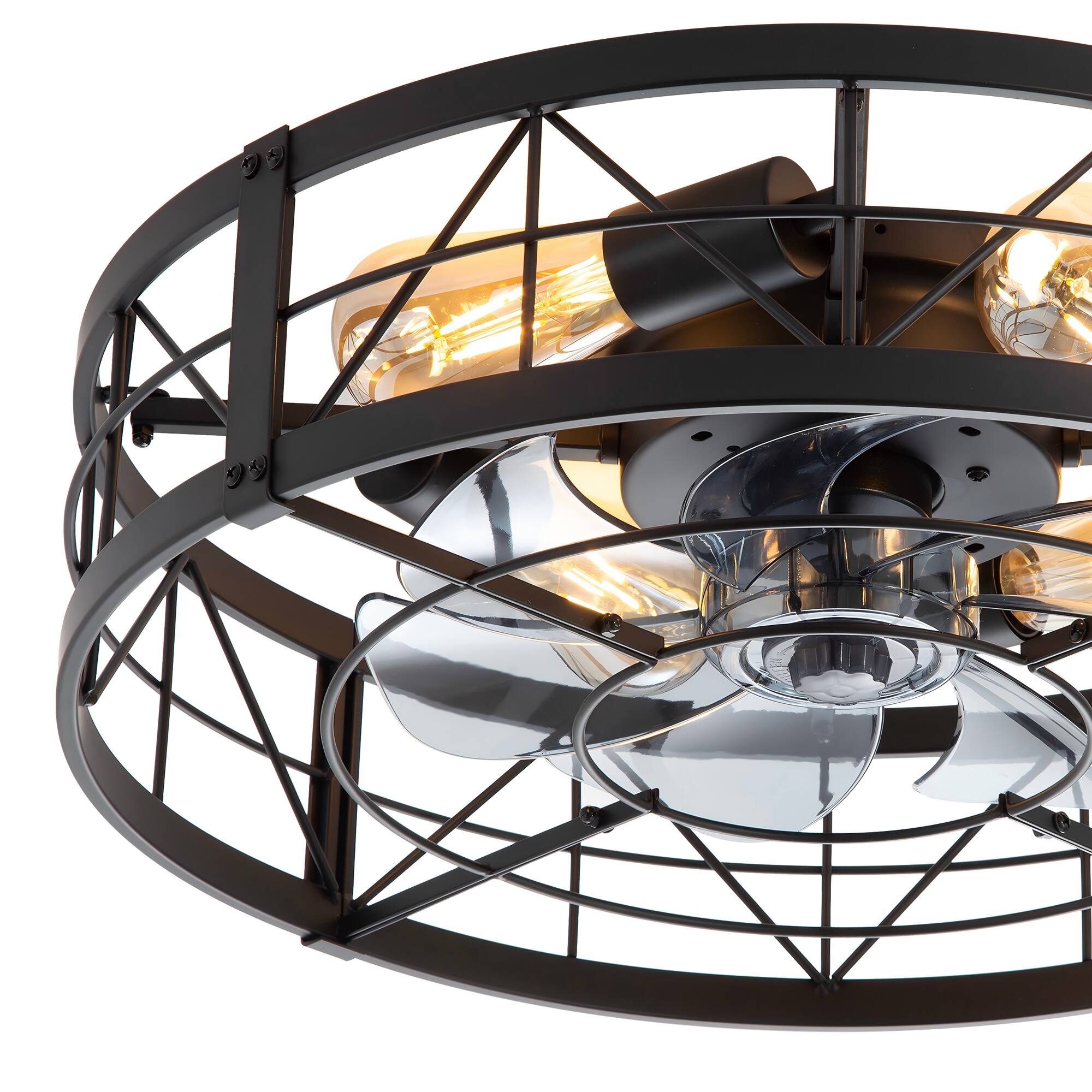 Left. Breezary - 20" Low Profile Caged Ceiling Fan with Remote, 7 ABS Blades, 6 Speeds DC Motor, 4×E26 Lights, Timer - Matte Black.