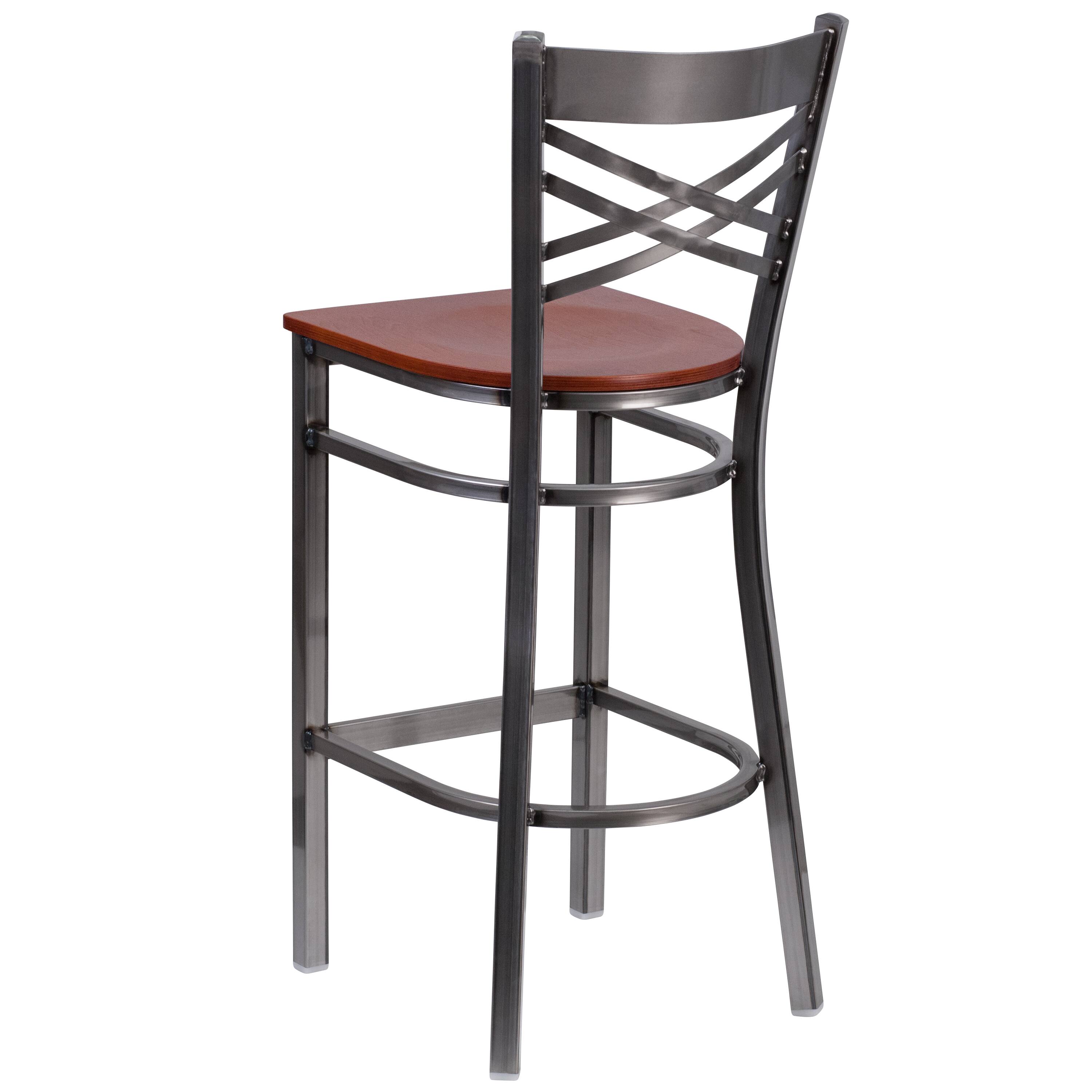 Alt View 3. Emma + Oliver - Clear Coated "X" Back Metal Restaurant Dining Barstool - Cherry Wood Seat/Clear Coated Metal Frame.