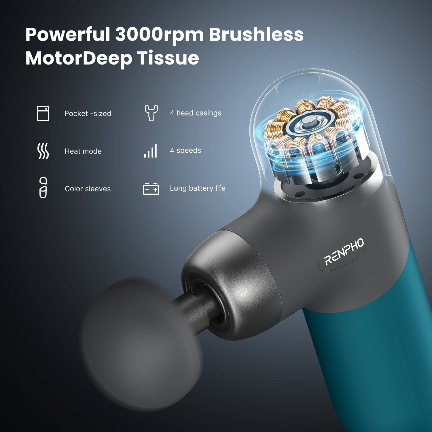 Powerful 3000rpm Brushless Motor  
Deep Tissue  
Pocket-sized  
4 head casings  
Heat mode  
4 speeds  
Color sleeves  
Long battery life  
RENPHO