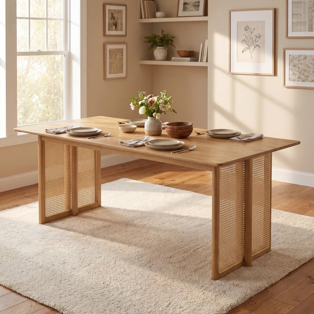 Loheer Rubberwood Dining Table with Rattan Accents, Rectangular Table ...
