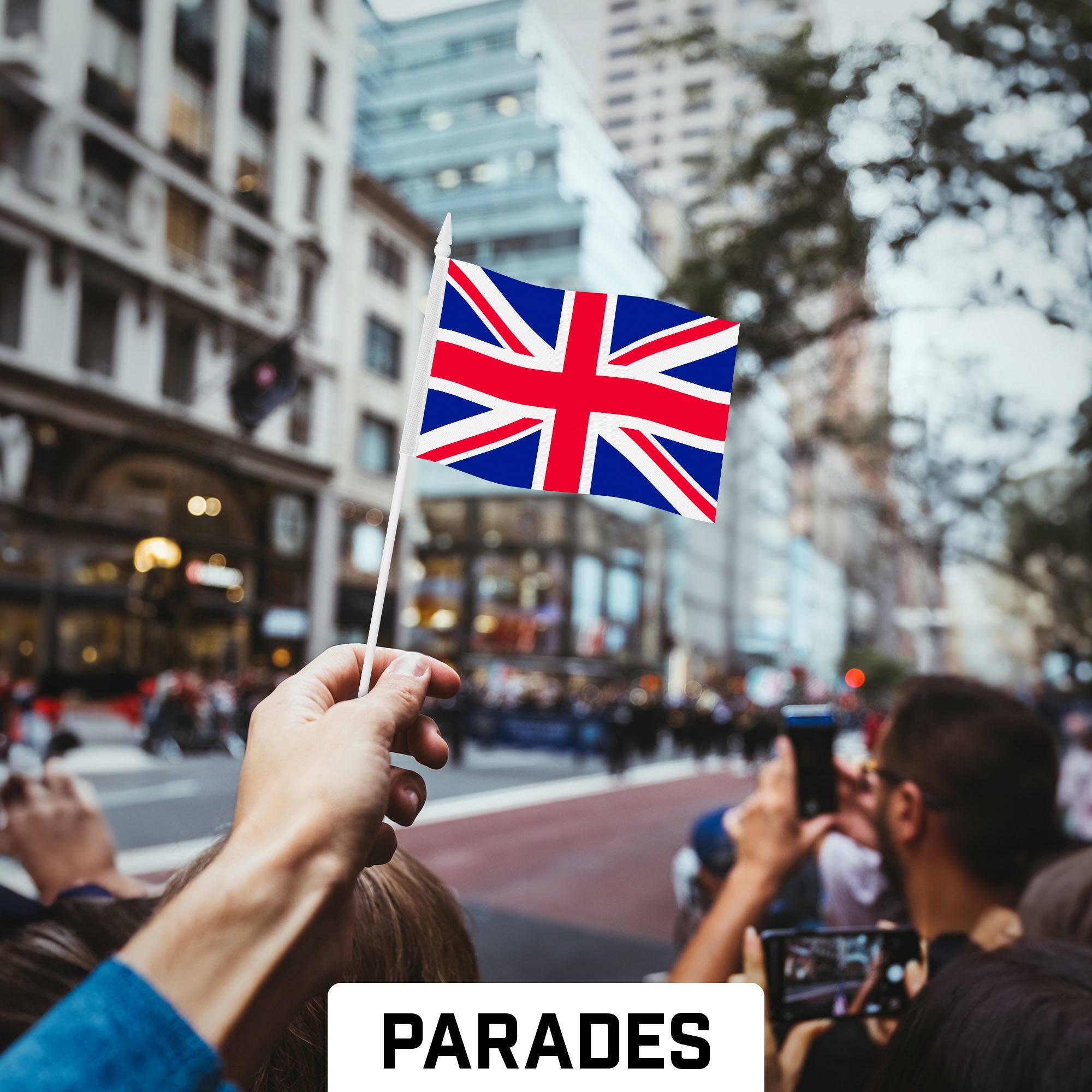 Back. G128 - 12-Pack UK Handheld Stick Flags - 4x6 in Polyester. - Assorted Colors.