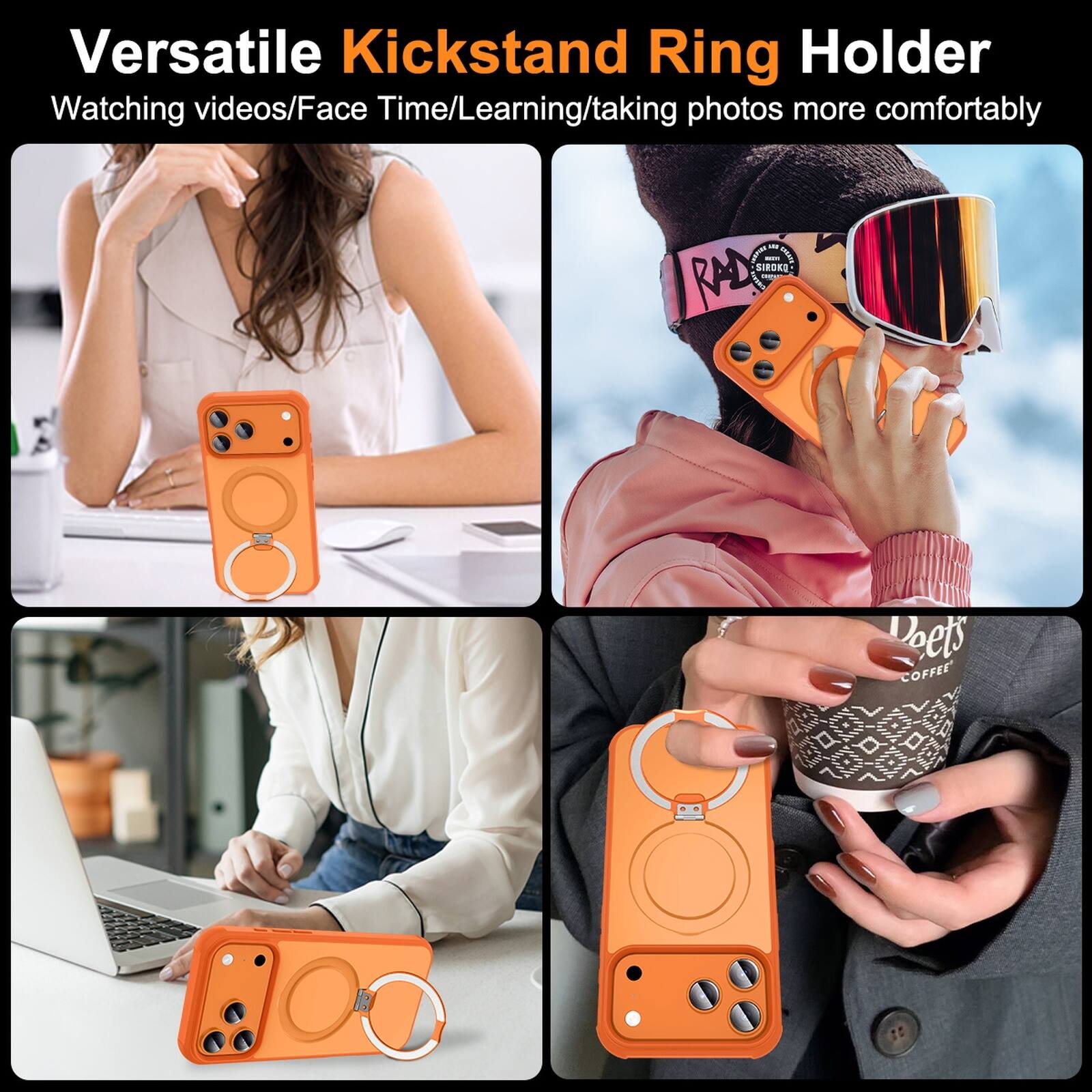 Versatile Kickstand Ring Holder  
Watching videos/Face Time/Learning/taking photos more comfortably