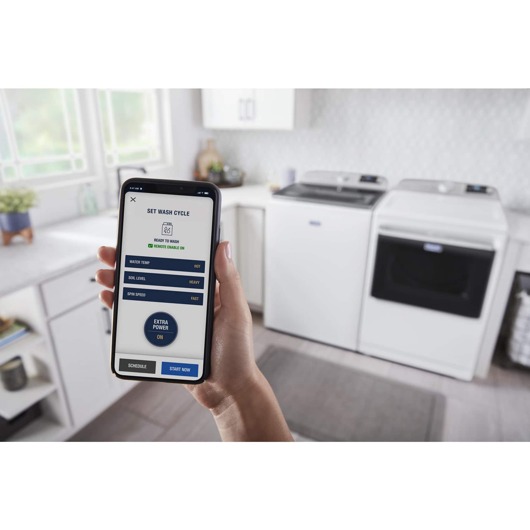 The text on the image reads: "Set Wash Cycle 85 READY - NOT IN AB - MATER TEMP - -O LnL MEAPY - SPEED FAST - EXTRA POWER ON SCHEDULE - START NOW."