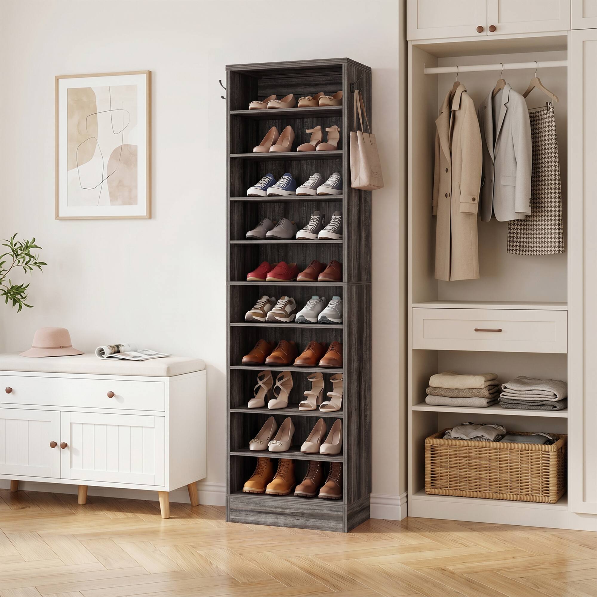 Alt View 2. Aheaplus - 79.5'' Tall 10-Tier Freestanding Wooden Shoe Rack Tower with 2 Hooks - Black Oak.