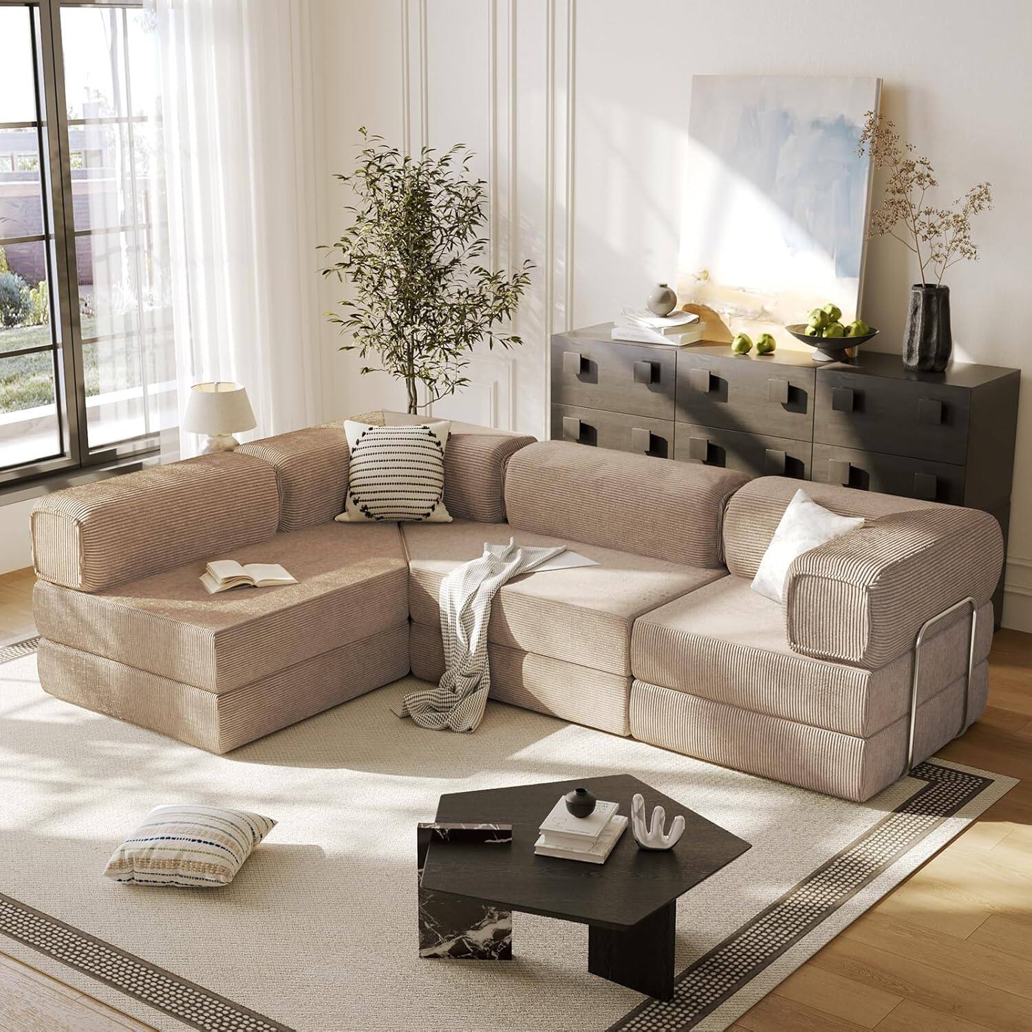 Front. Yardgrace - 108" L-Shaped Modular Sectional Sofa, Cloud Deep Seat Chaise with Removable Pillow, No Assembly Required - Camel.