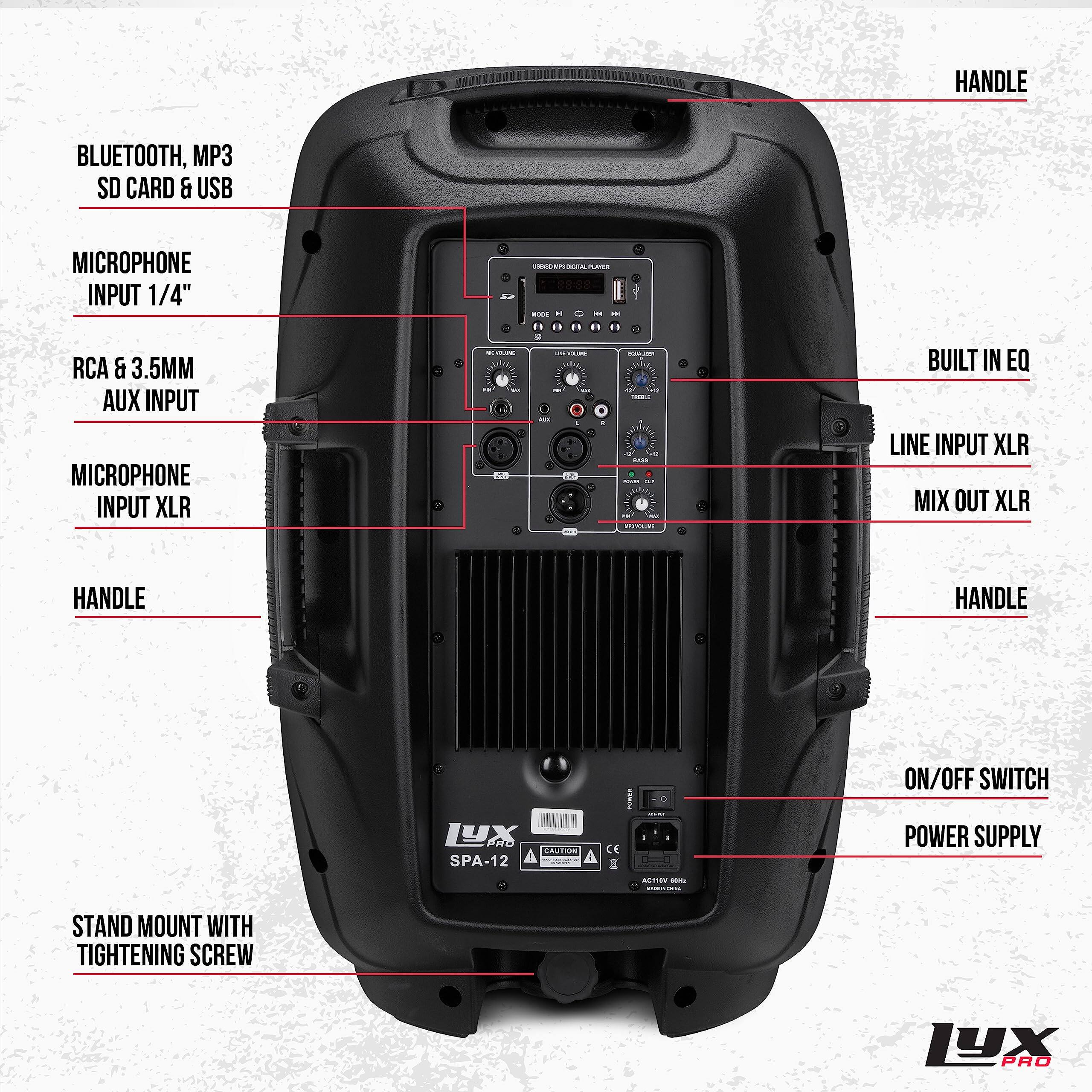 HANDLE BLUETOOTH, MP3 SD CARD & USB MICROPHONE INPUT 1/4" - -  1 RCA & 3.5MM AUX INPUT MICROPHONE INPUT XLR  -- 1 d. - - KC- BUILT IN EQ LINE INPUT XLR MIX OUT XLR HANDLE HANDLE ON/OFF SWITCH UX CAITION SPA-12 CE E id - POWER SUPPLY STAND MOUNT WITH TIGHTENING SCREW 1YX PRO