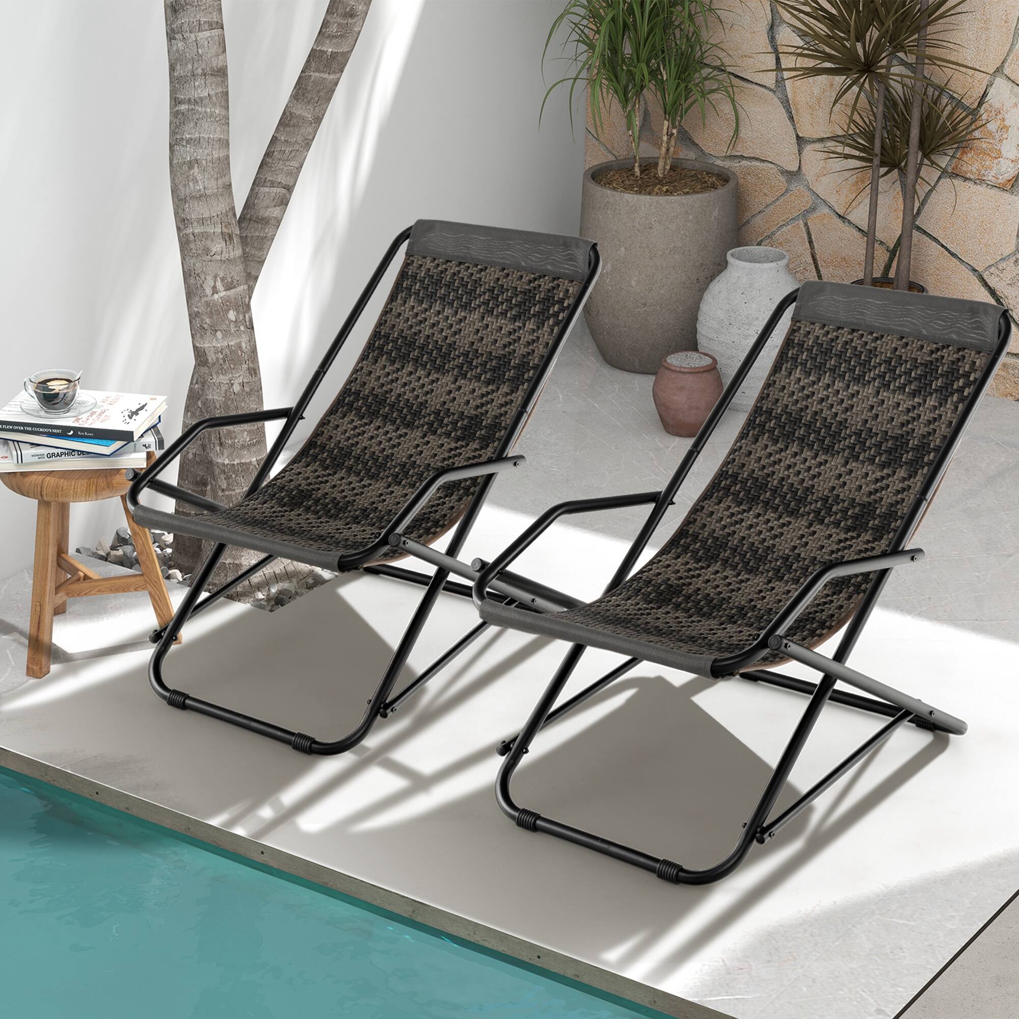Alt View 1. Costway - Costway 1 PC Patio Folding Rattan Sling Lounge Chair Ottoman Rocking Footrests Armrest - Gray.