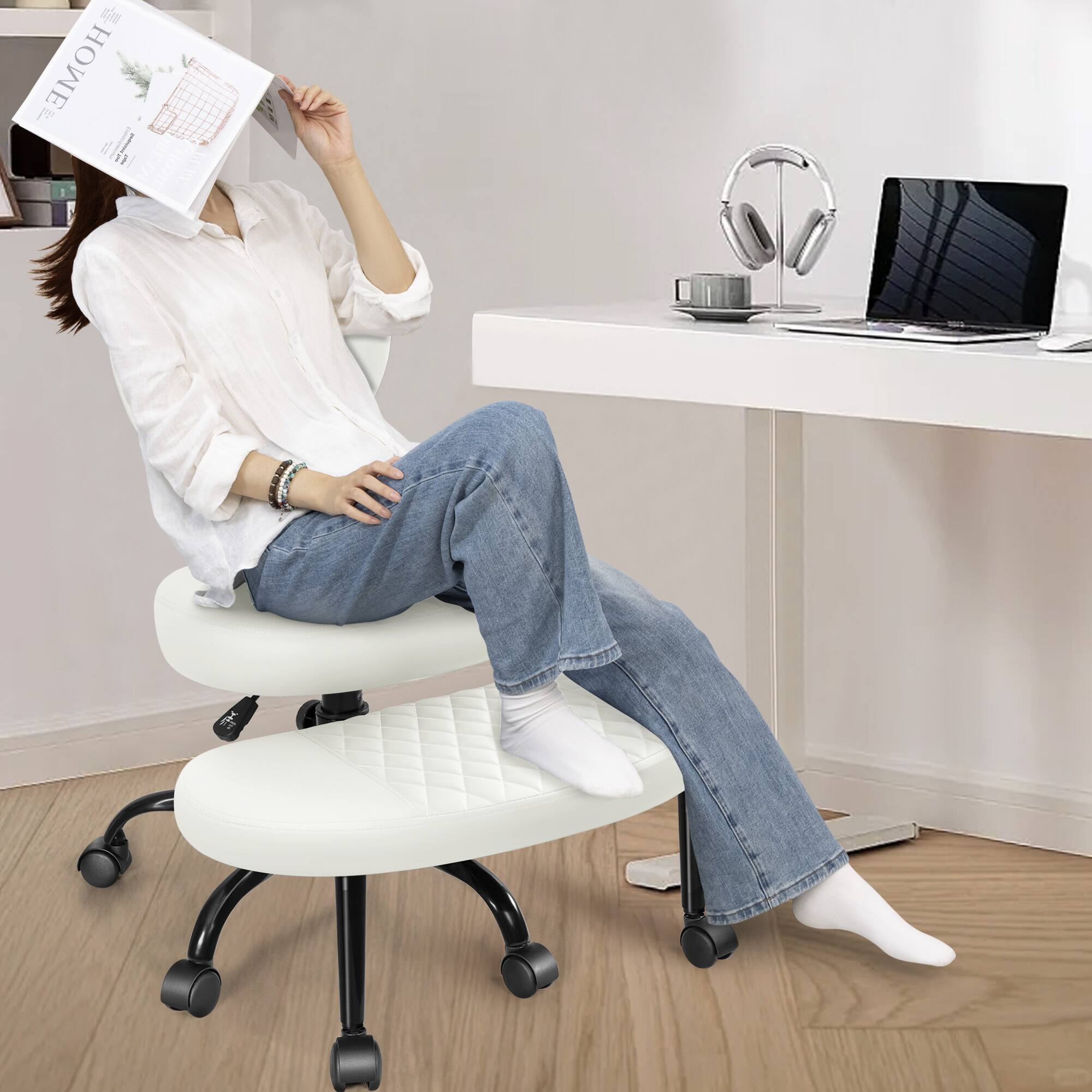 Alt View 5. KERDOM - Cross-Legged Meditation Office Chair, Adjustable Height Yoga Kneeling Chair with Wheels PU Leather, ADHD-Friendly - White.