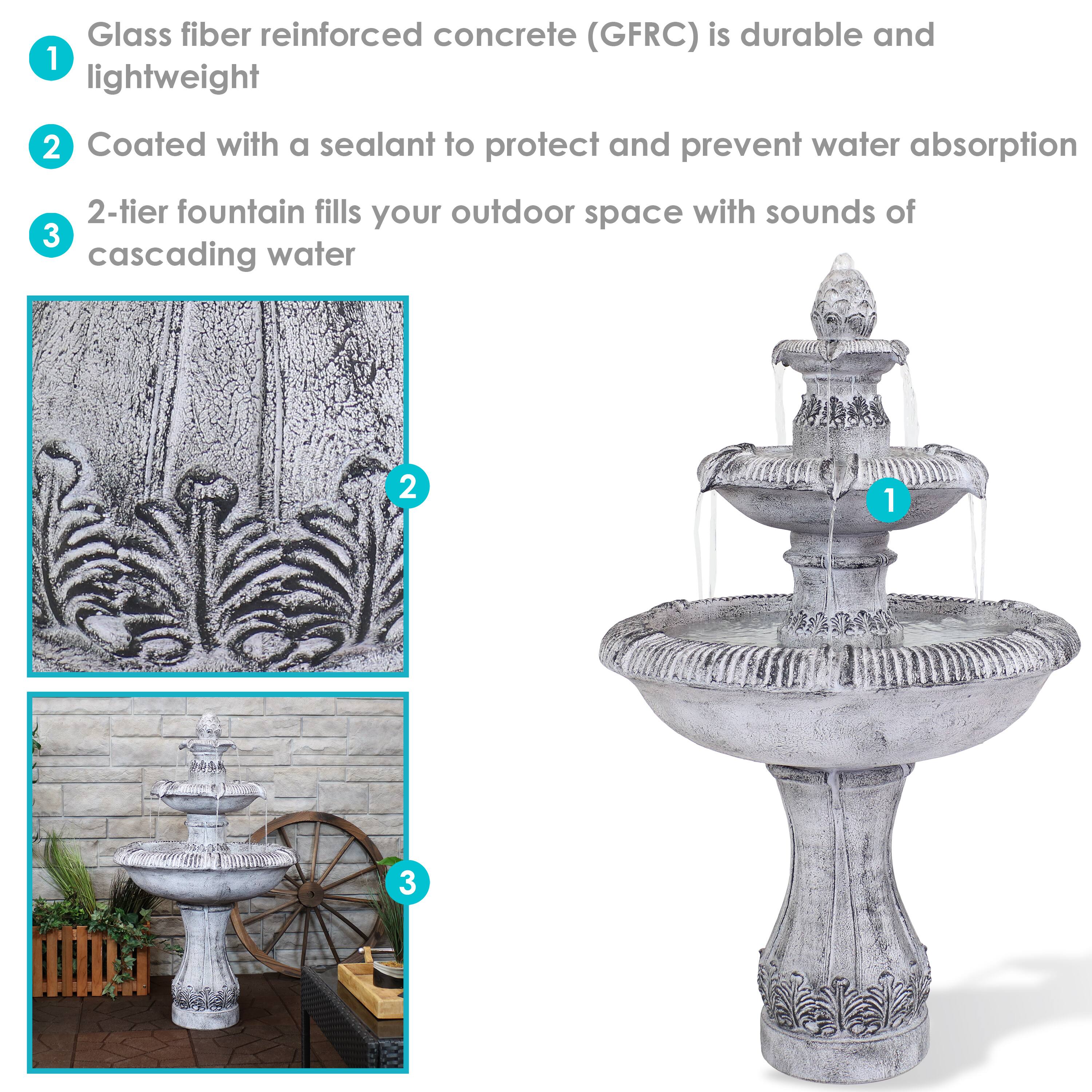 1. Glass fiber reinforced concrete (GFRC) is durable and lightweight  
2. Coated with a sealant to protect and prevent water absorption  
3. 2-tier fountain fills your outdoor space with sounds of cascading water