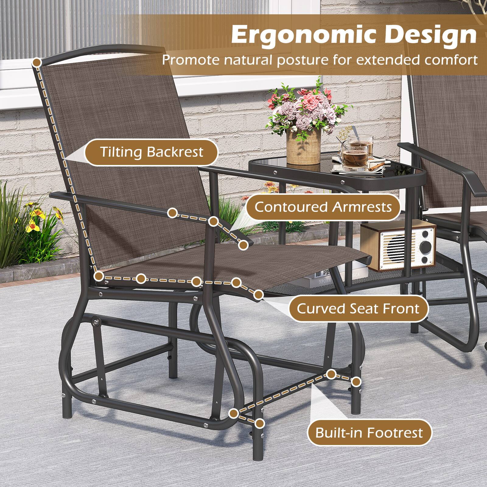 Ergonomic Design  
Promote natural posture for extended comfort  
- Tilting Backrest  
- Contoured Armrests  
- Curved Seat Front  
- Built-in Footrest