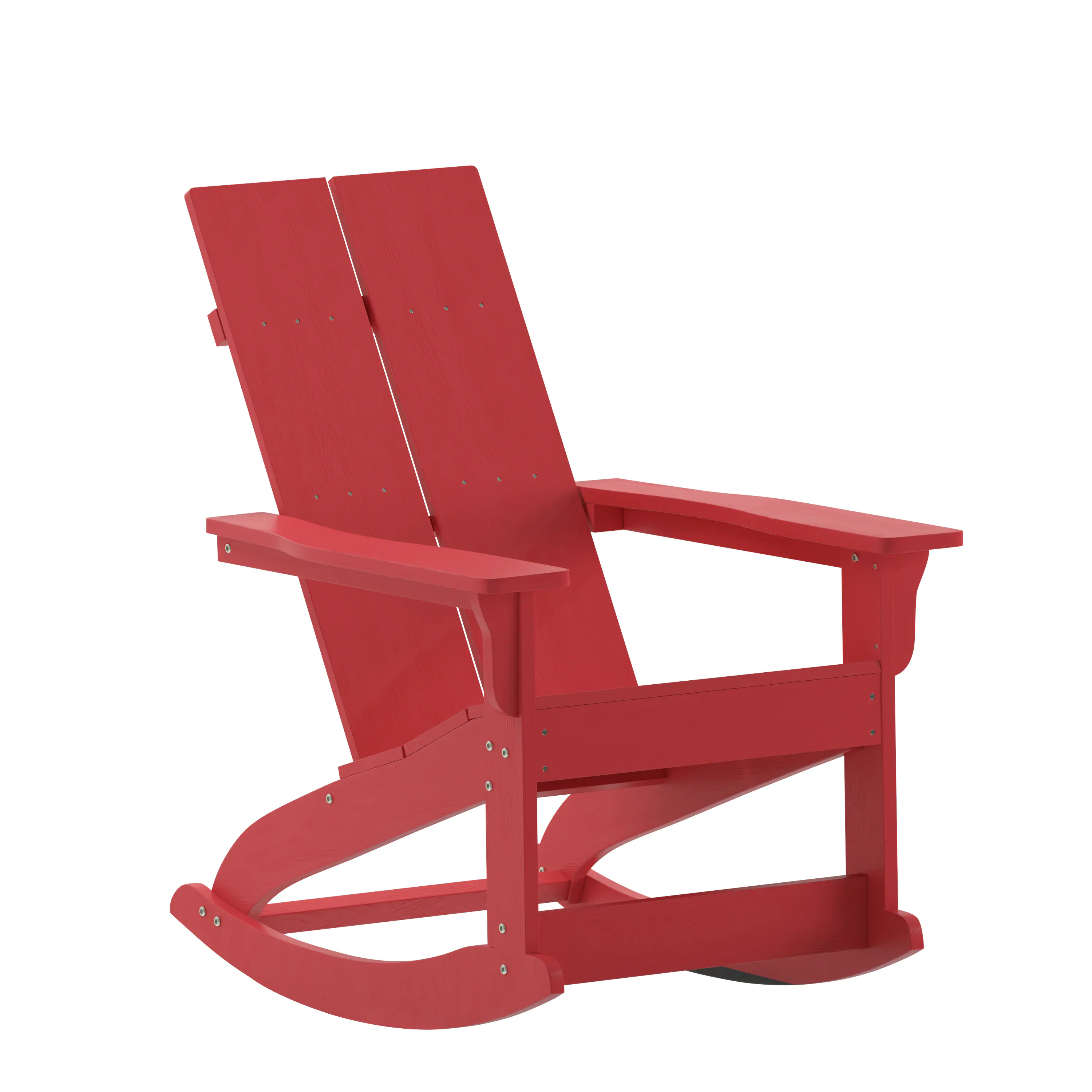 Red Adirondack rocking chair shown from the front, isolated on white background.