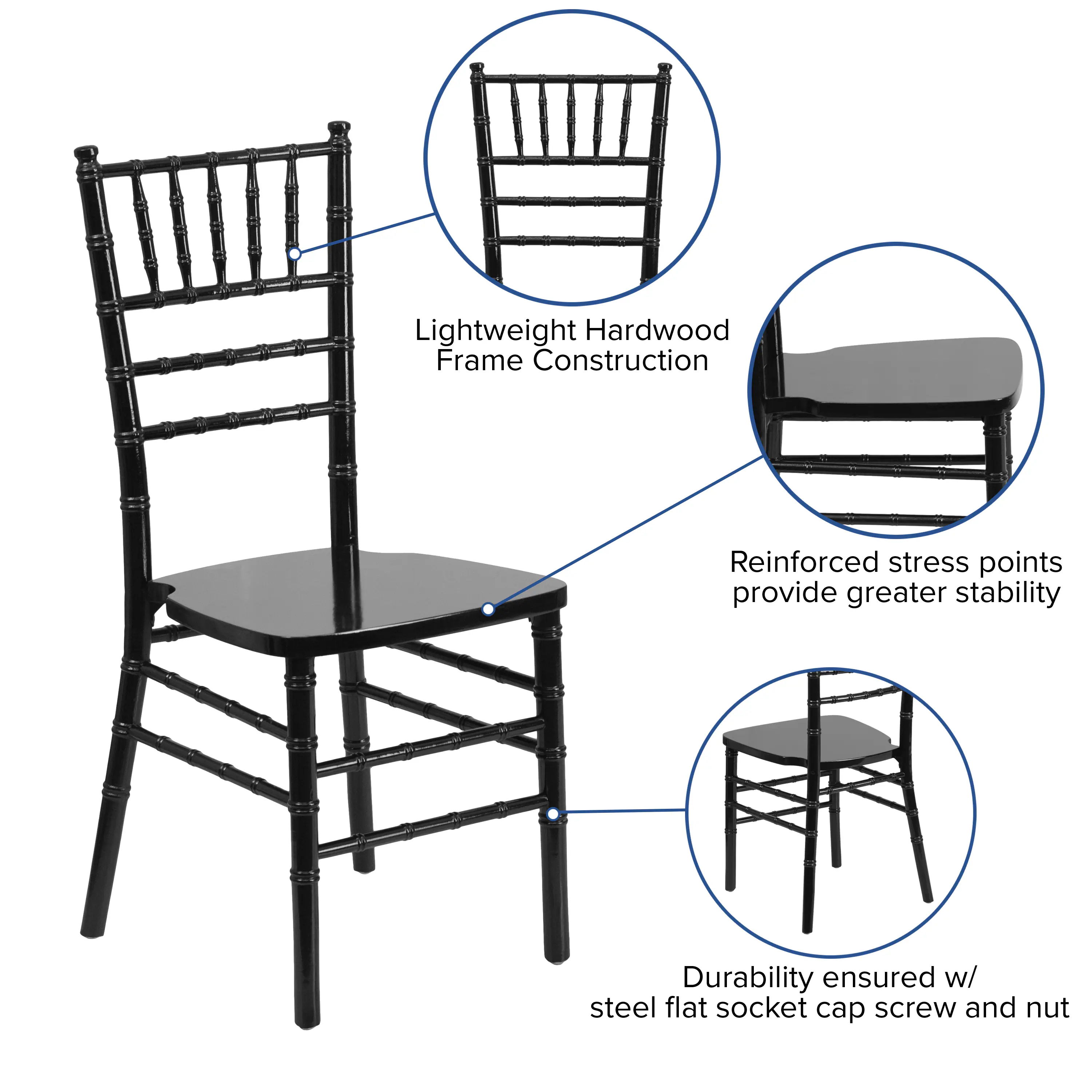 Lightweight Hardwood Frame Construction  
Reinforced stress points provide greater stability  
Durability ensured w/ steel flat socket cap screw and nut