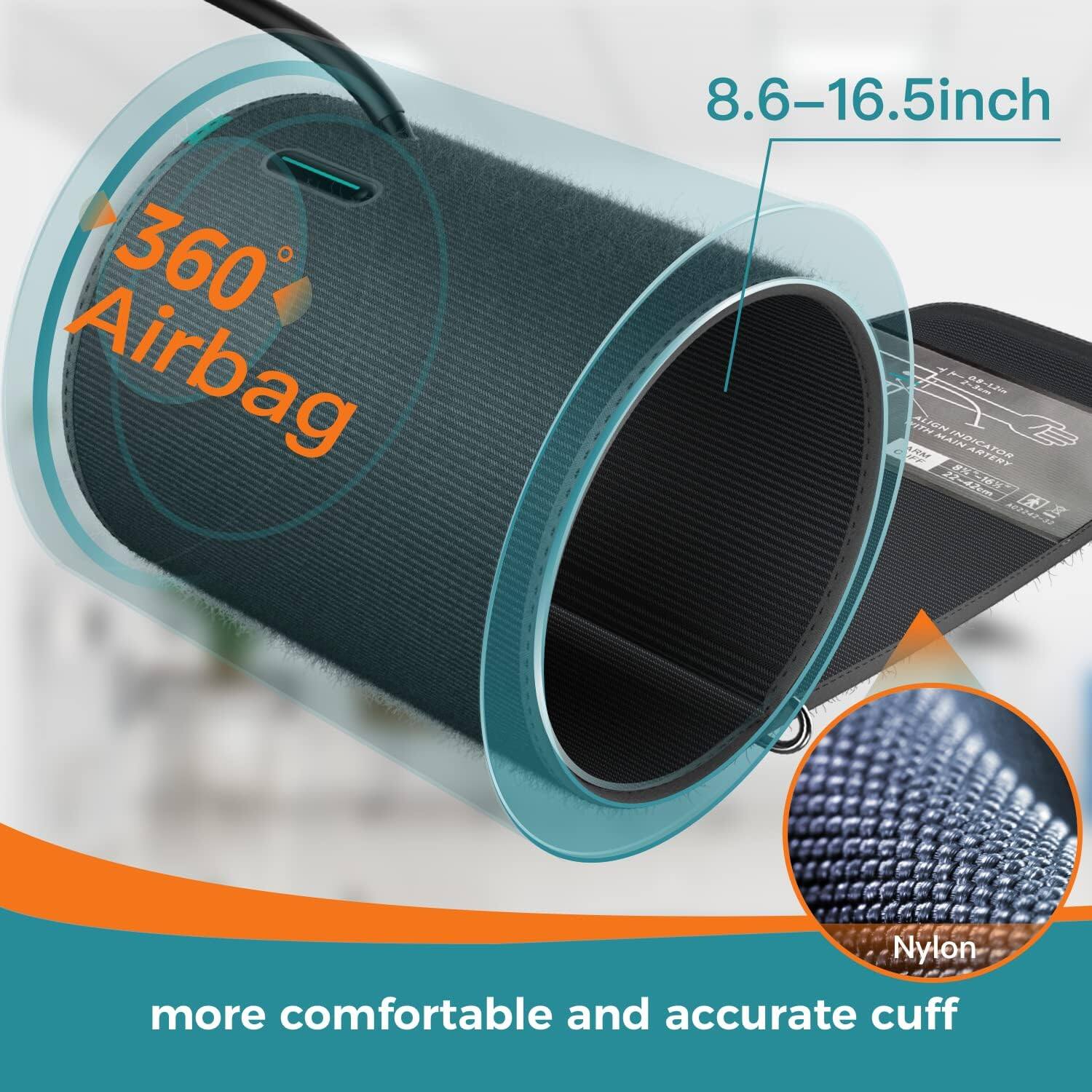 The text on the image reads: "360 Airbag 8.6-16.5inch Nylon more comfortable and accurate cuff."