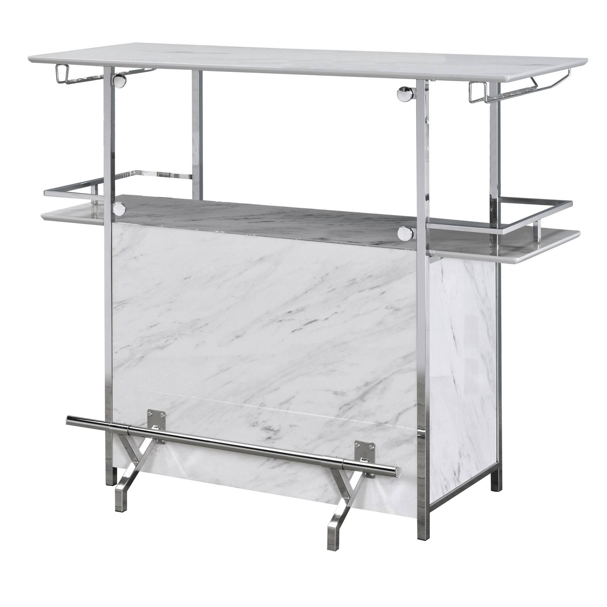 Front. Manhattan Lane - Bar Table with Faux Marble and Chrome Finish, White and Silver - White, Silver.
